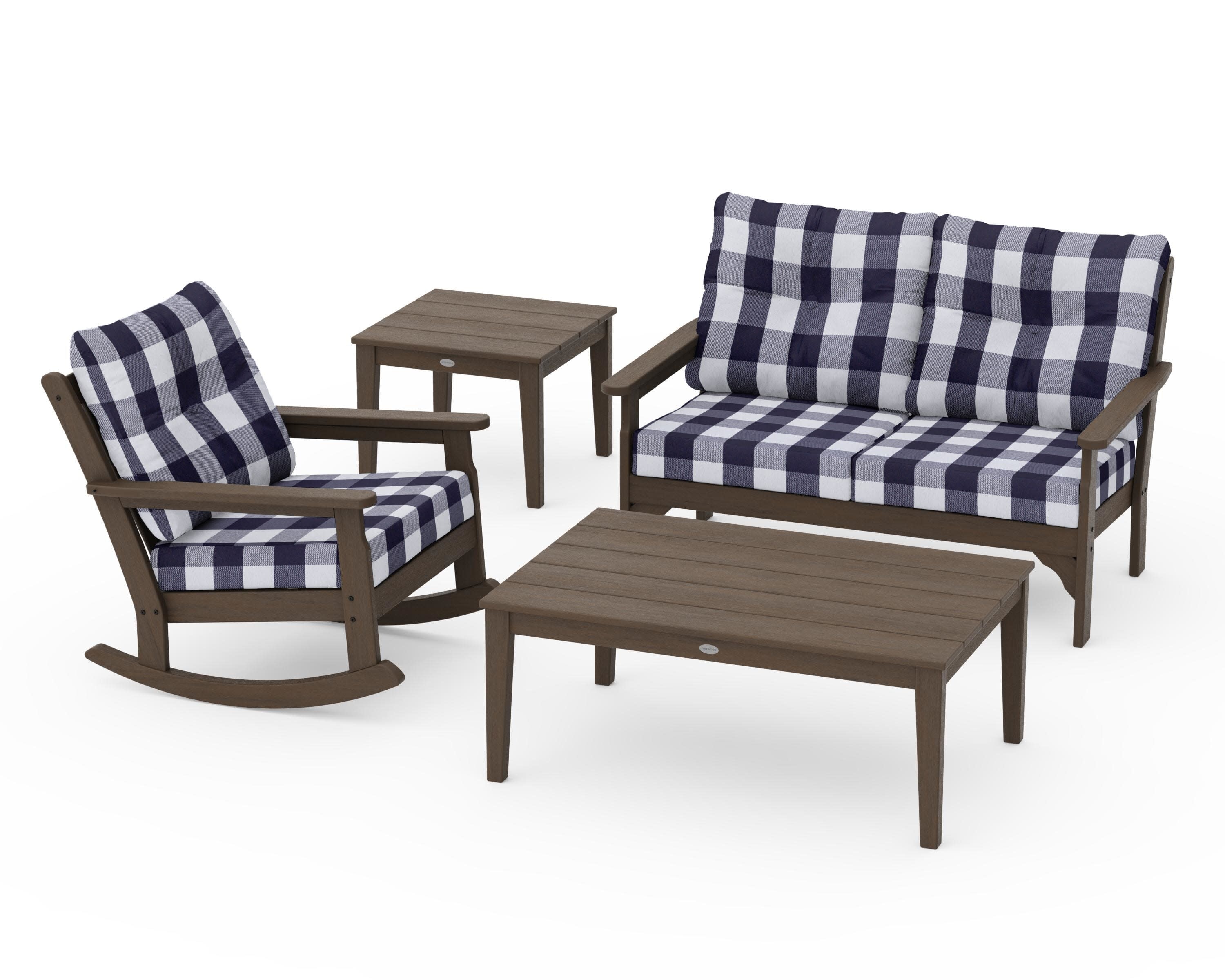 Vineyard 4-Piece Deep Seating Rocker Set in Kona / Buffalo Plaid Navy