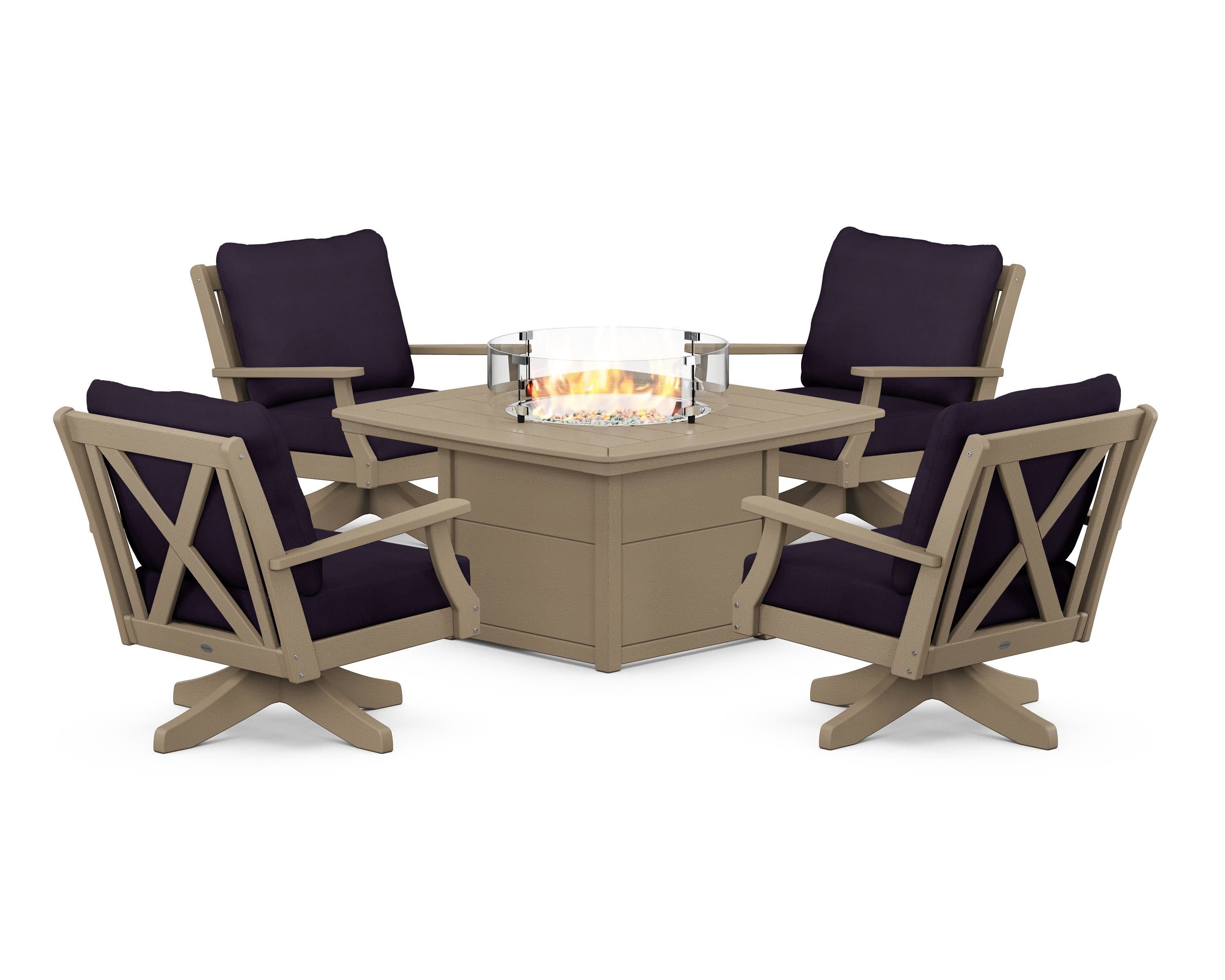 Braxton 5-Piece Deep Seating Swivel Conversation Set with Fire Pit Table in Vintage Sahara / Navy Linen
