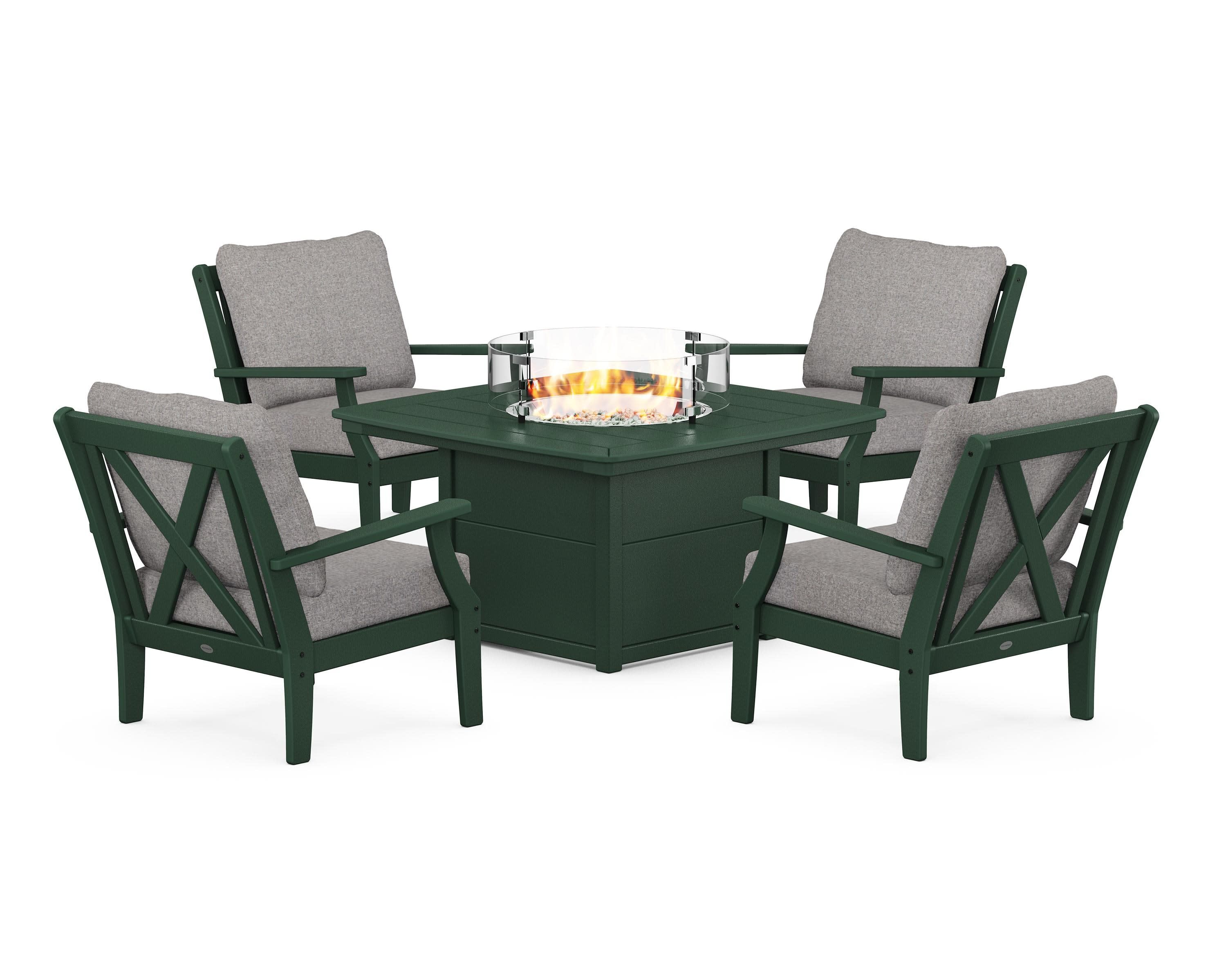 Braxton 5-Piece Deep Seating Conversation Set with Fire Pit Table in Green / Grey Mist