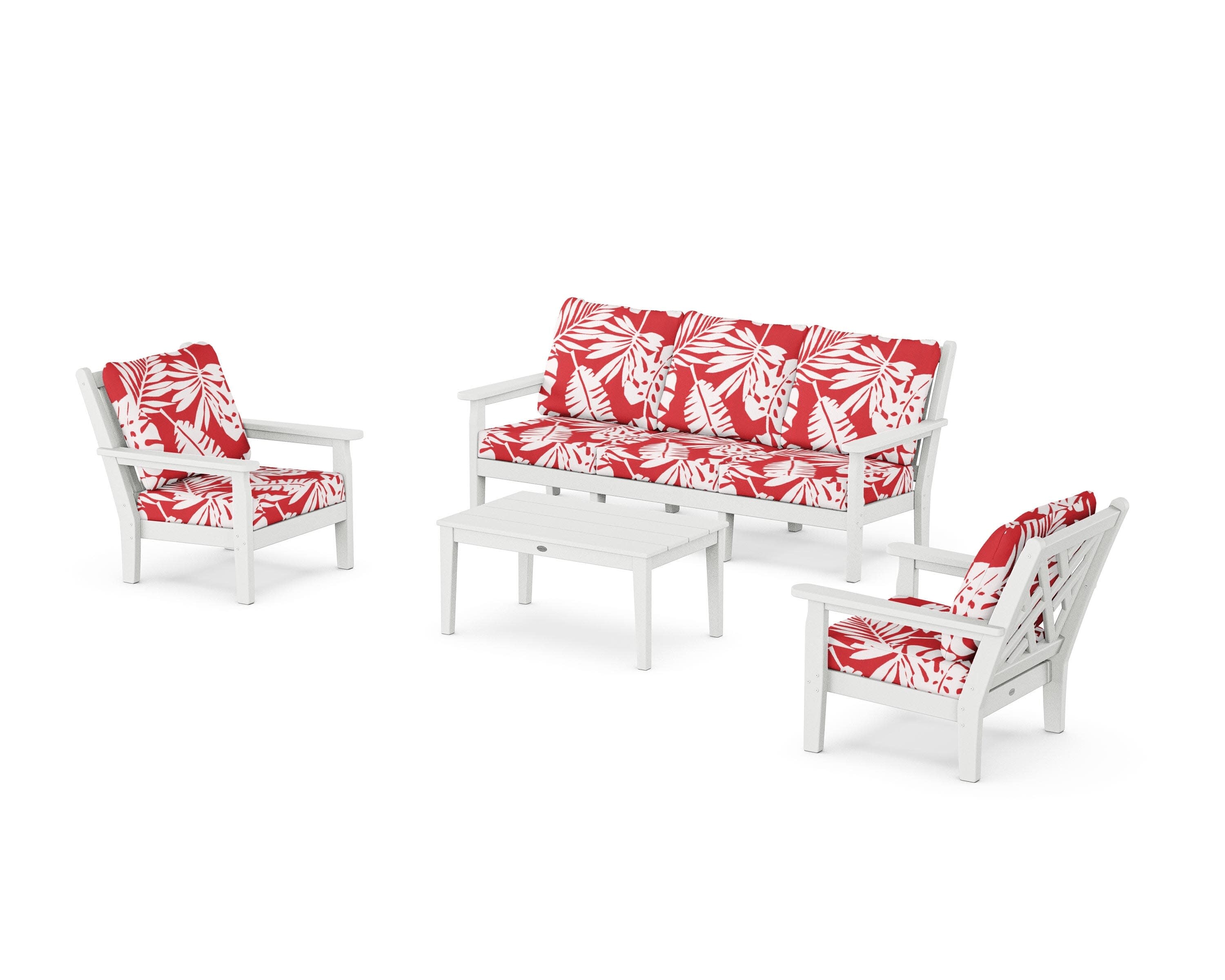 Chippendale 4-Piece Deep Seating Set with Sofa in White / Leaf Crimson