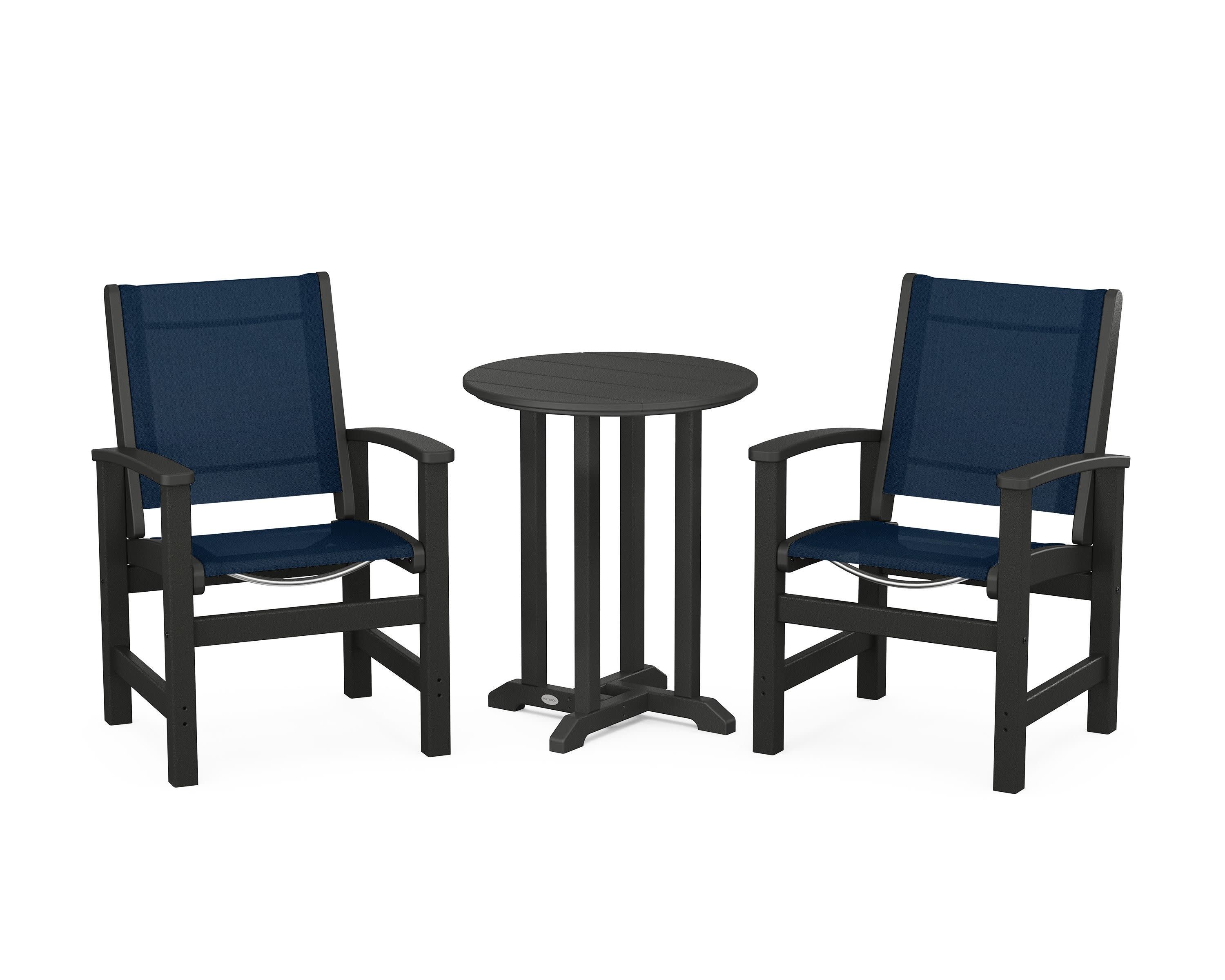 Coastal 3-Piece Round Bistro Dining Set in Black / Navy Blue Sling