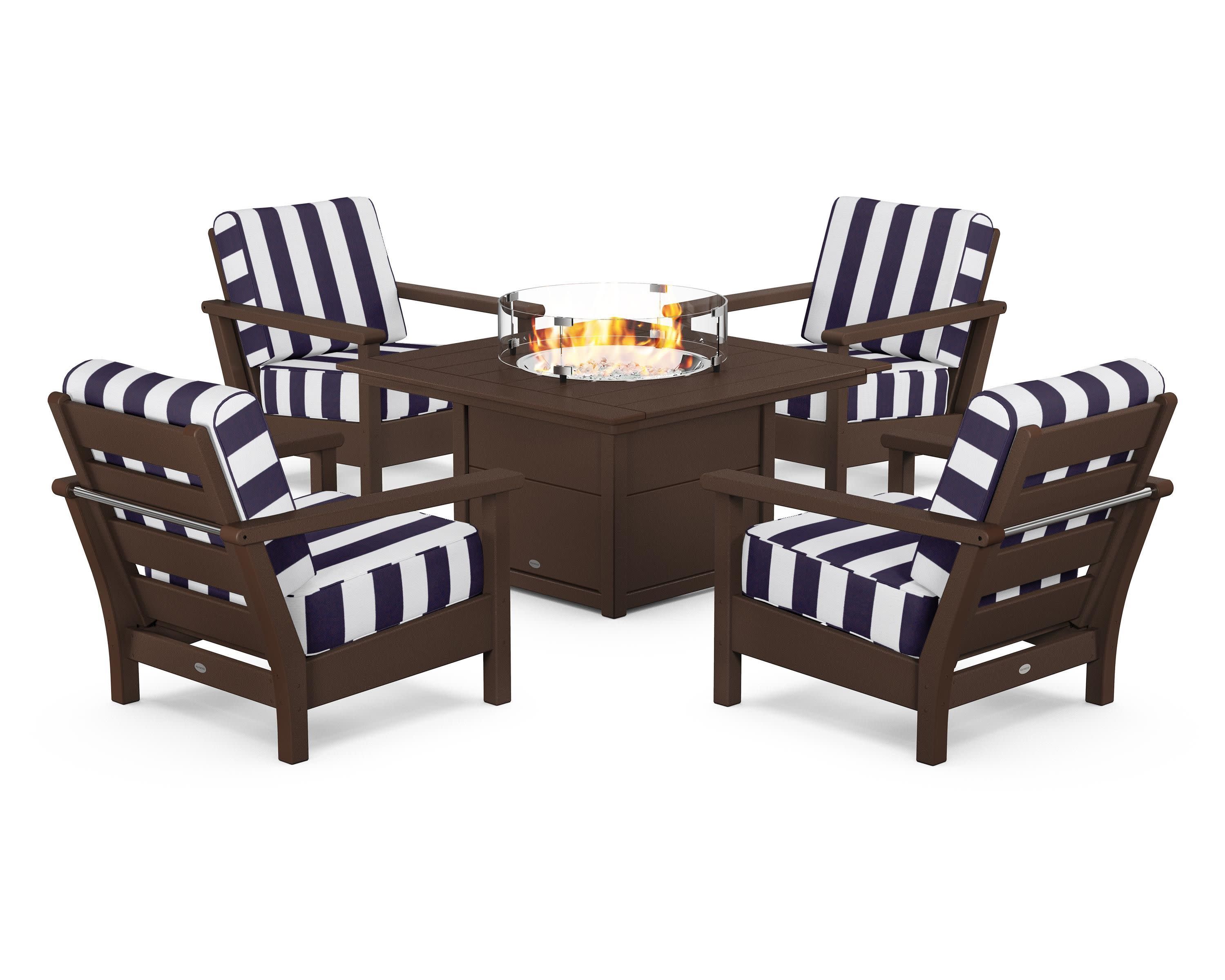 Harbour 5-Piece Conversation Set with Fire Pit Table in Mahogany / Cabana Stripe Navy