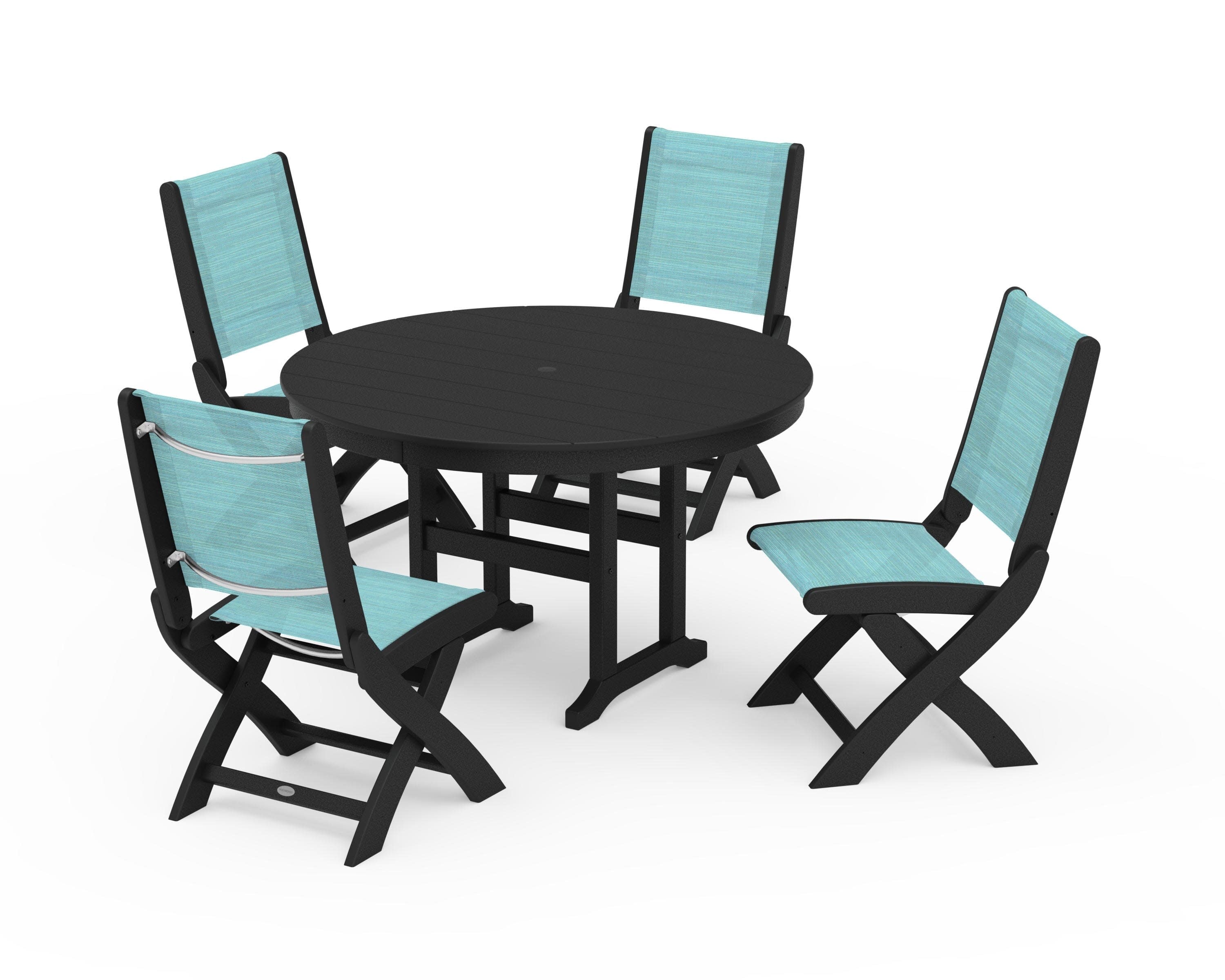 Coastal Folding Side Chair 5-Piece Round Dining Set in Black / Dupioni Aquamarine Sling