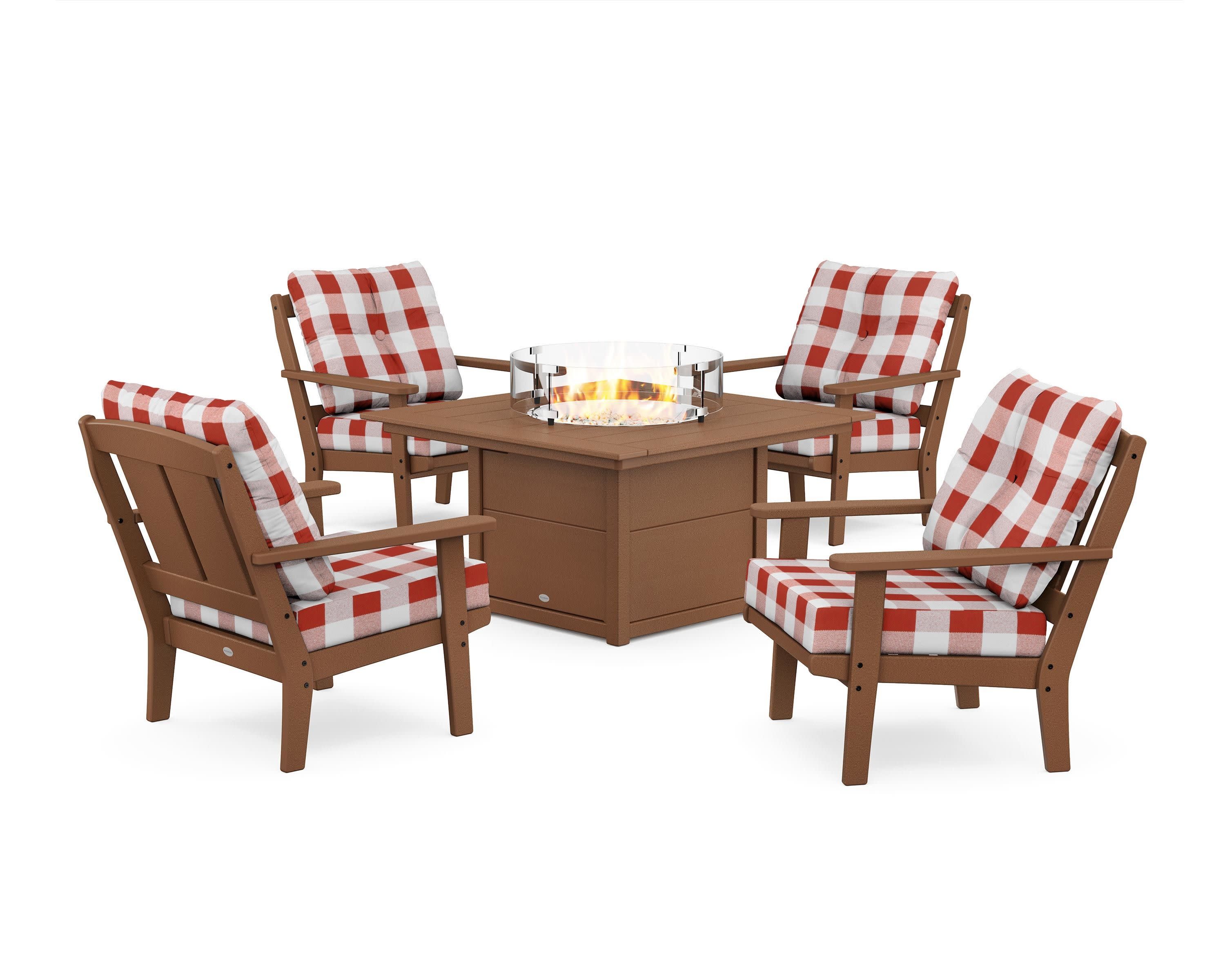 Mission 5-Piece Deep Seating Set with Fire Pit Table in Teak / Buffalo Plaid Crimson