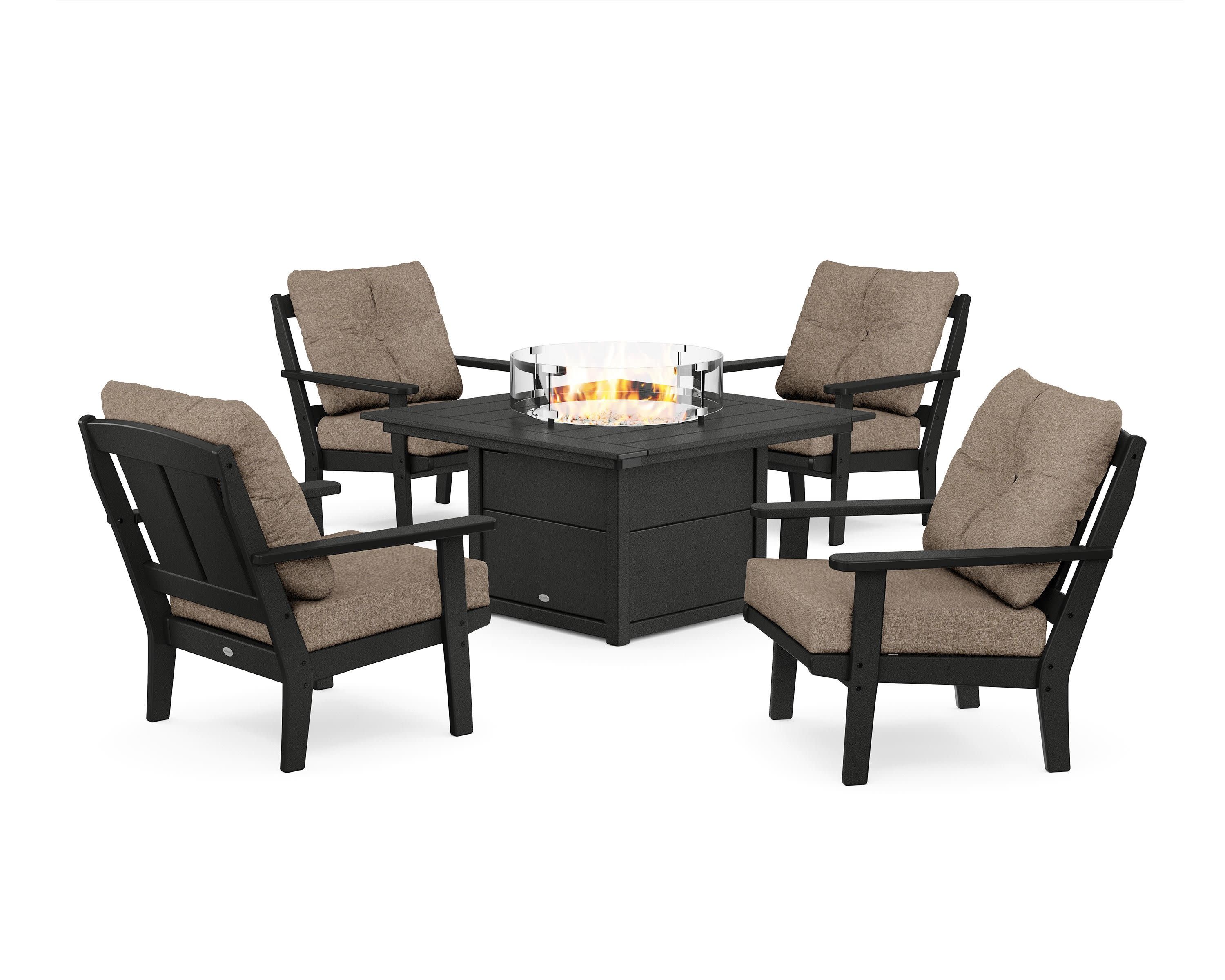 Mission 5-Piece Deep Seating Set with Fire Pit Table in Black / Spiced Burlap