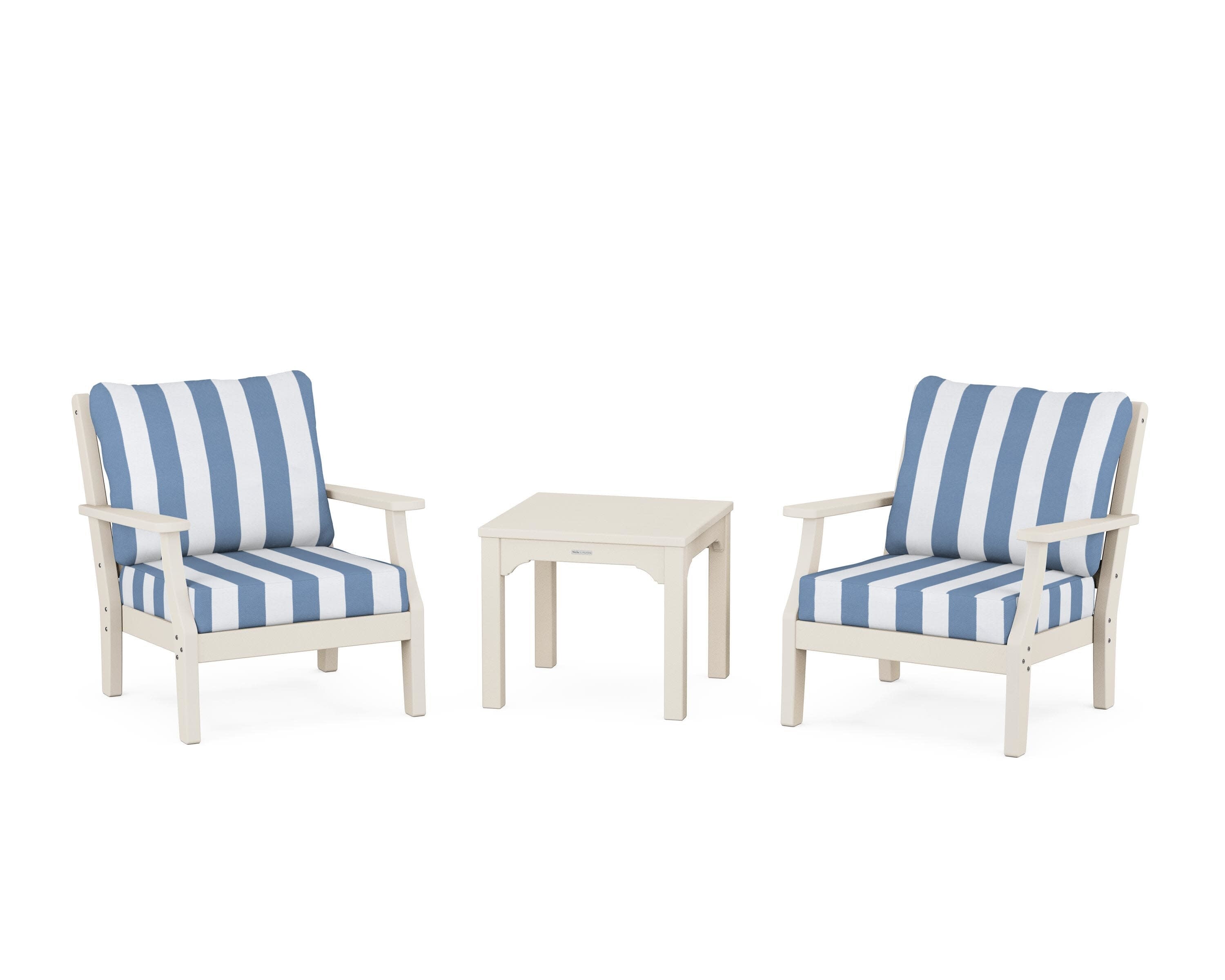 Chinoiserie 3-Piece Deep Seating Set in Sand / Cabana Stripe Sky Blue