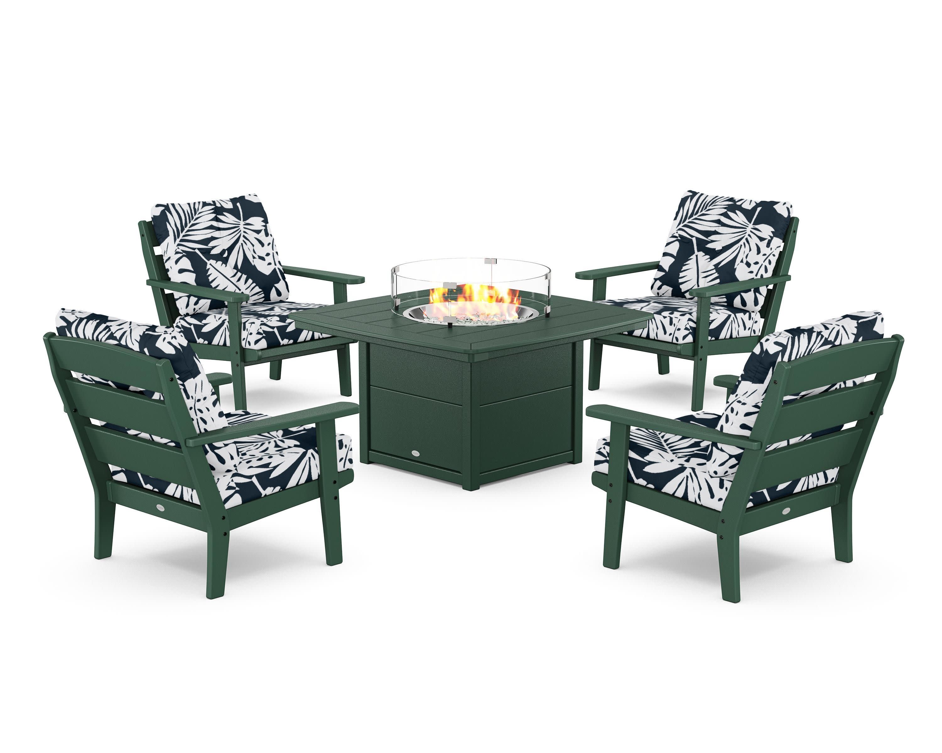 Lakeside 5-Piece Deep Seating Set with Nautical Fire Pit Table in Green / Leaf Marine Indigo