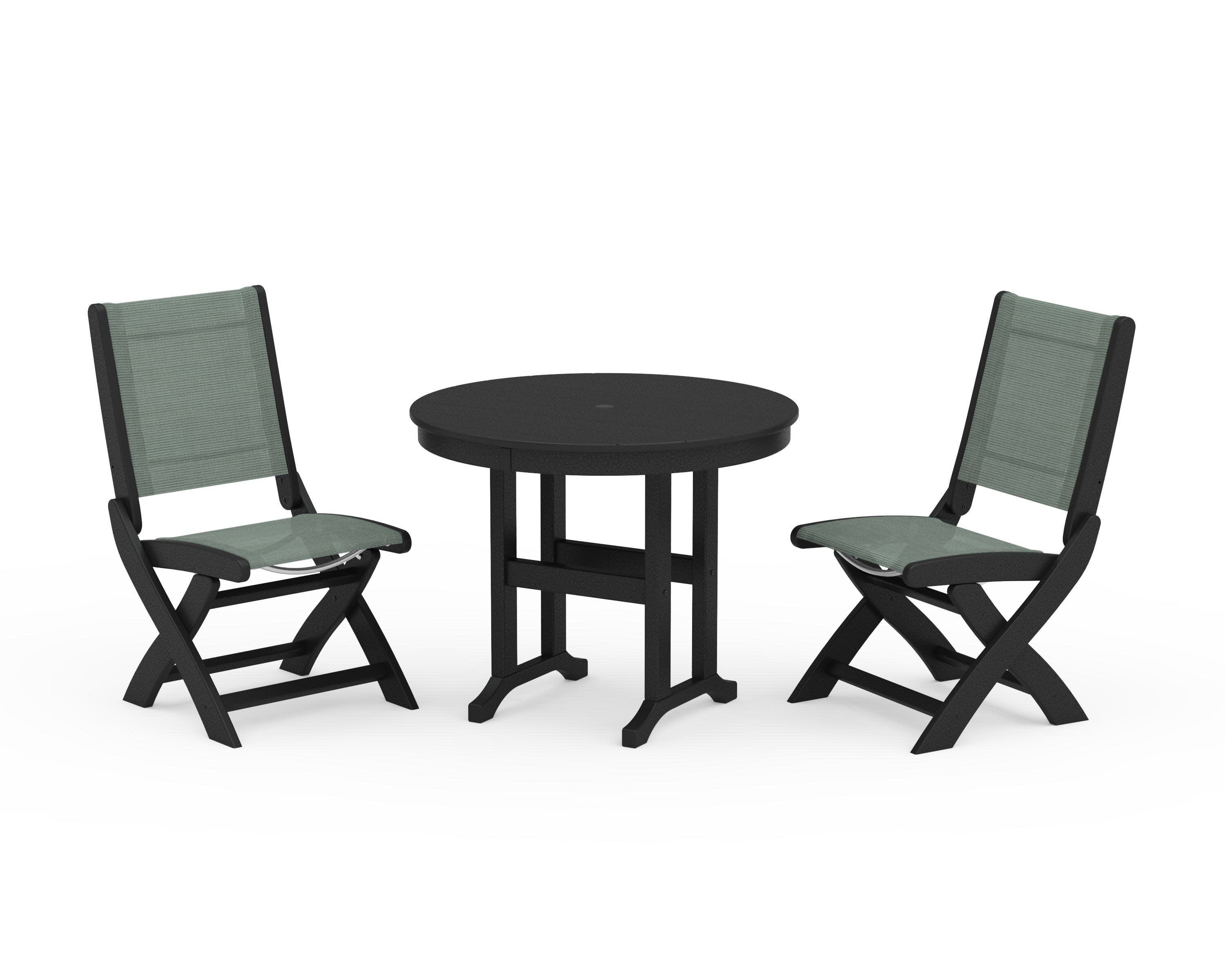Coastal Folding Side Chair 3-Piece Round Dining Set in Black / Dupioni Sea Mist Sling