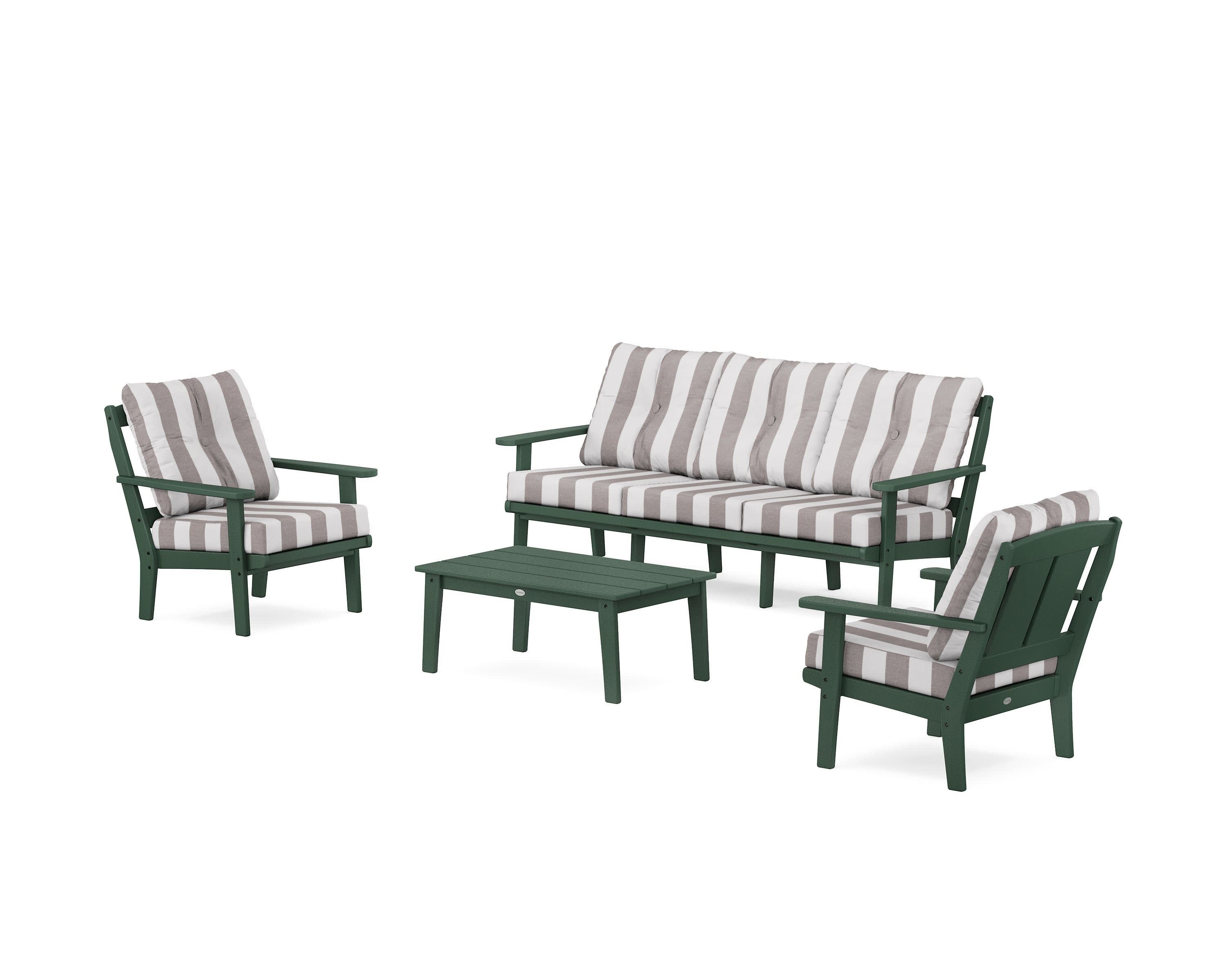 Mission 4-Piece Deep Seating Set with Sofa in Green / Cabana Stripe Grey Mist