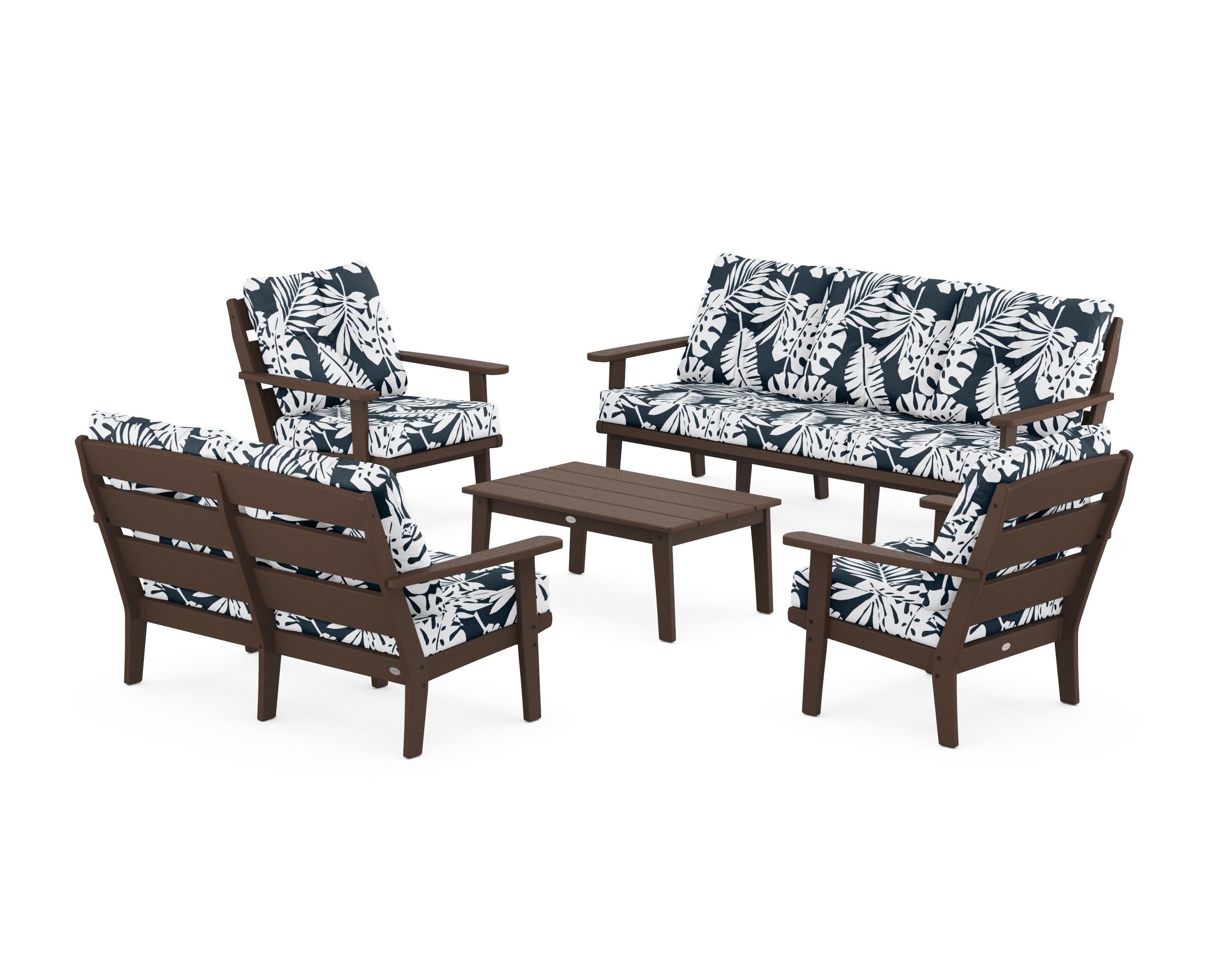 Lakeside 5-Piece Lounge Sofa Set in Mahogany / Leaf Marine Indigo