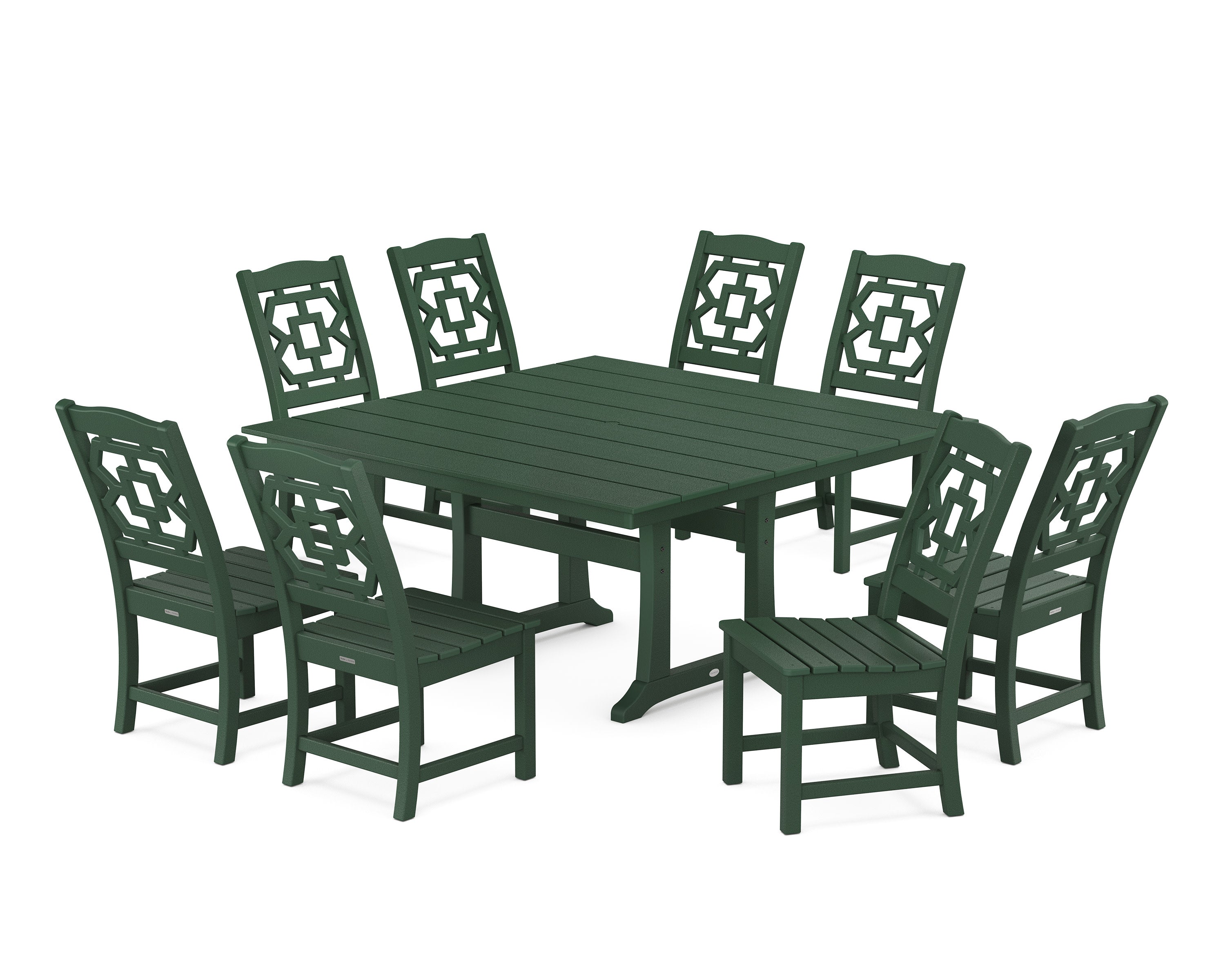Chinoiserie 9-Piece Square Farmhouse Side Chair Dining Set with Trestle Legs in Green