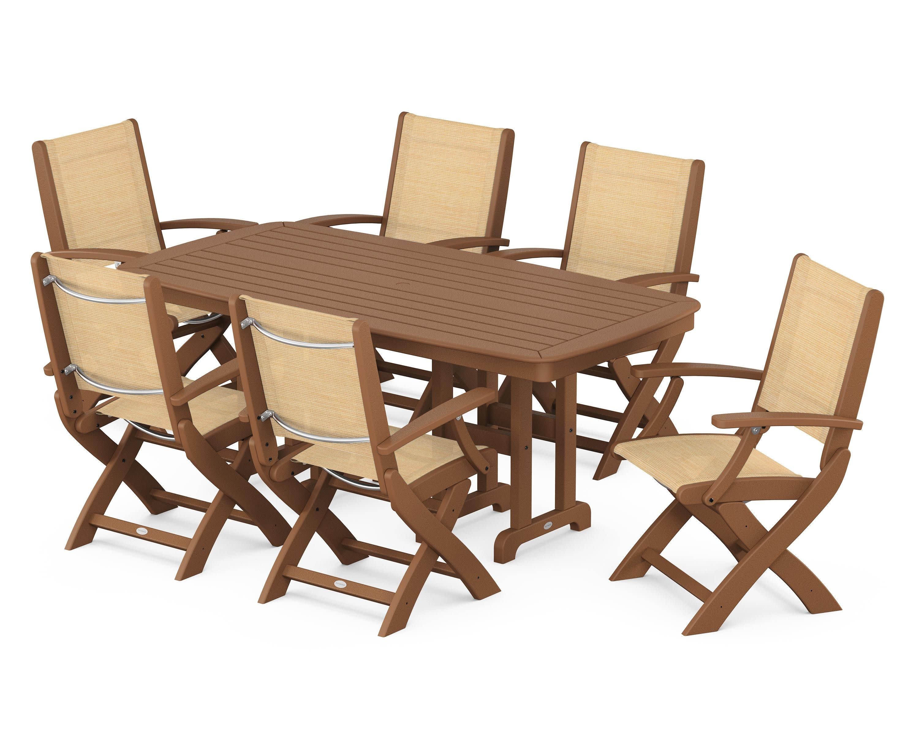 Coastal Folding Arm Chair 7-Piece Dining Set in Teak / Dupioni Apricot Sling