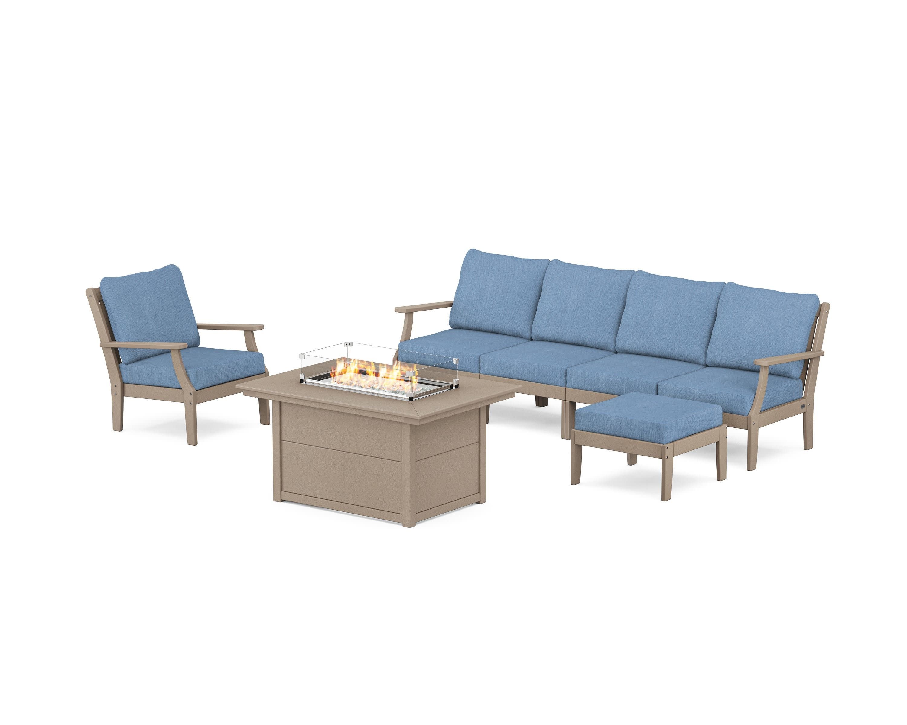 Braxton Sectional Lounge and Fire Pit Set in Vintage Sahara / Sky Blue