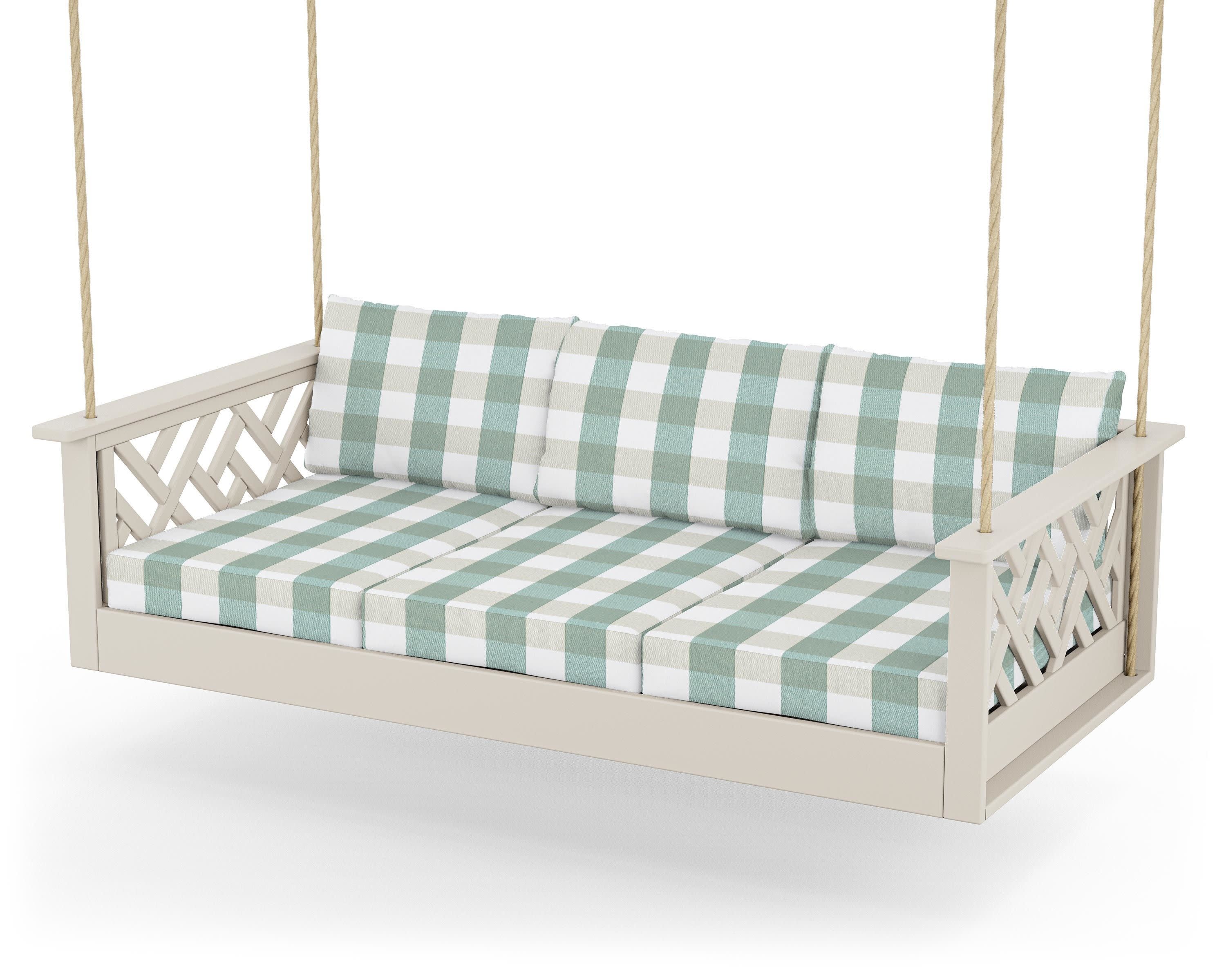 Chippendale Daybed Swing in Sand / Buffalo Plaid Glacier Spa