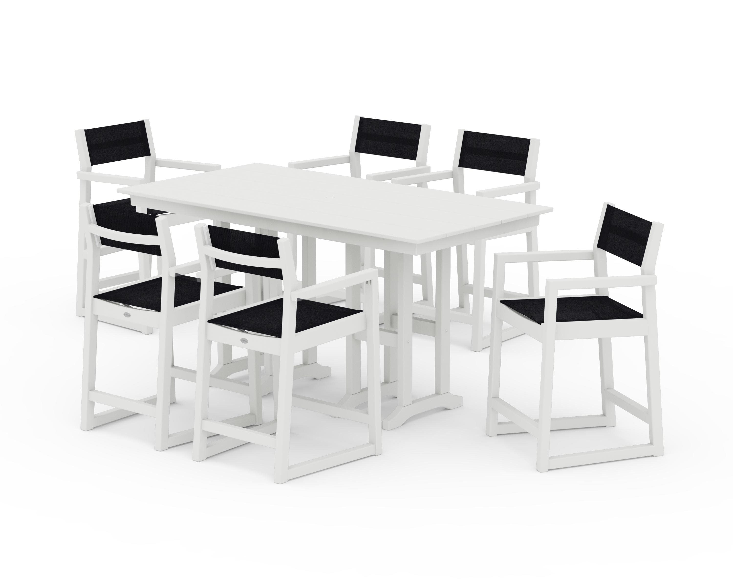 EDGE Sling Arm Chair 7-Piece Farmhouse Counter Set in Vintage White / Black Sling