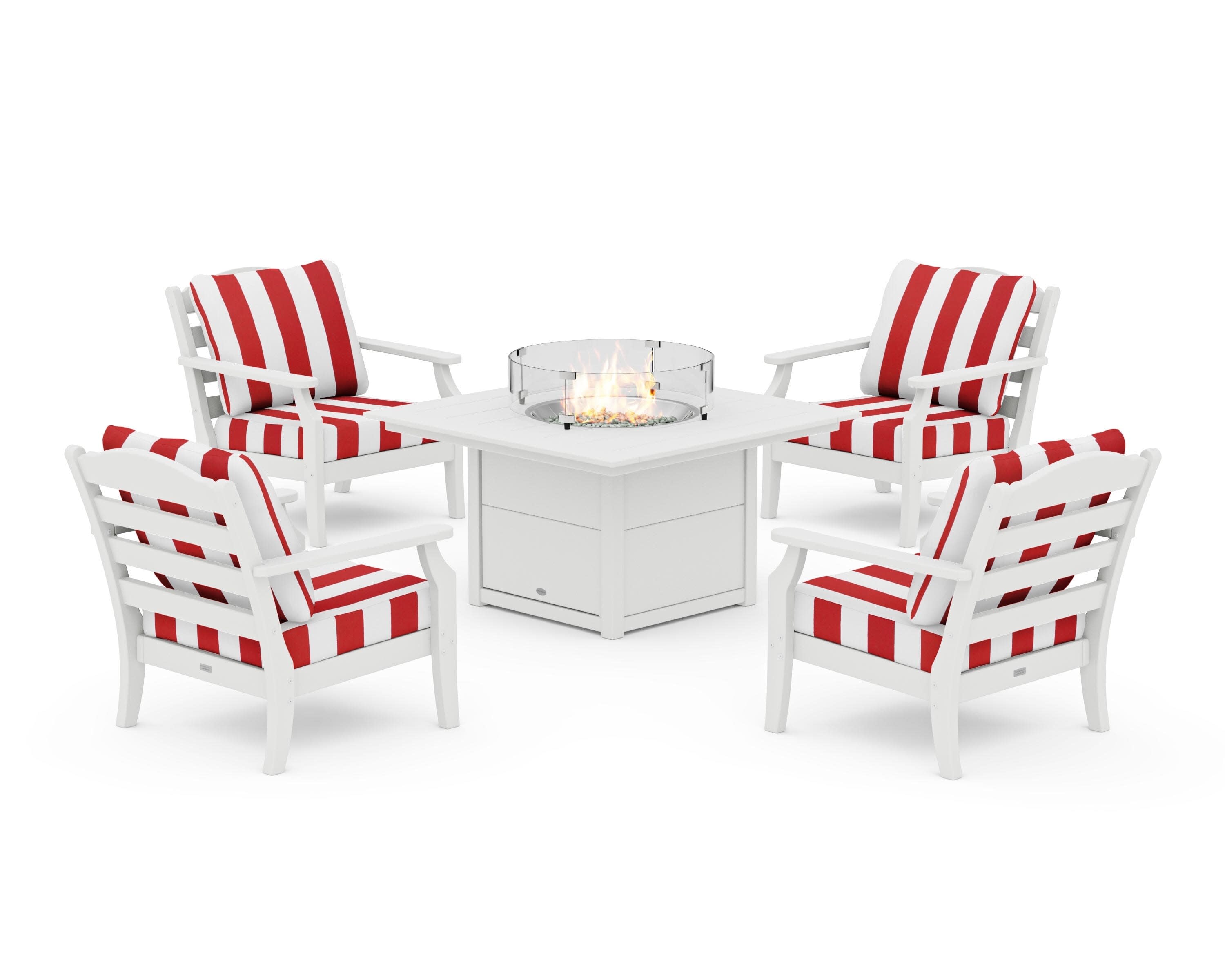 Savannah 5-Piece Deep Seating Set with Fire Pit Table in White / Cabana Stripe Crimson