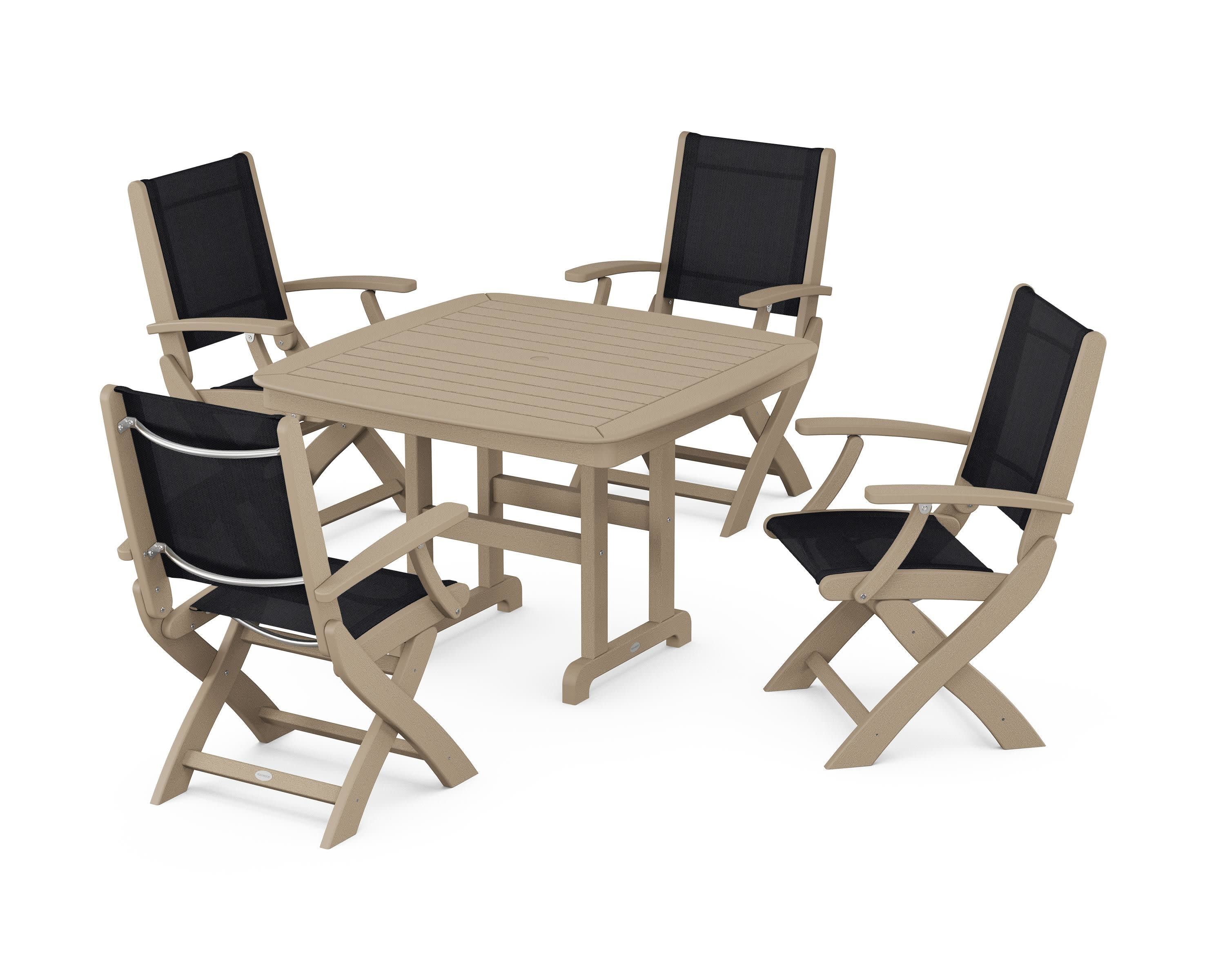 Coastal Folding Chair 5-Piece Dining Set in Vintage Sahara / Black Sling