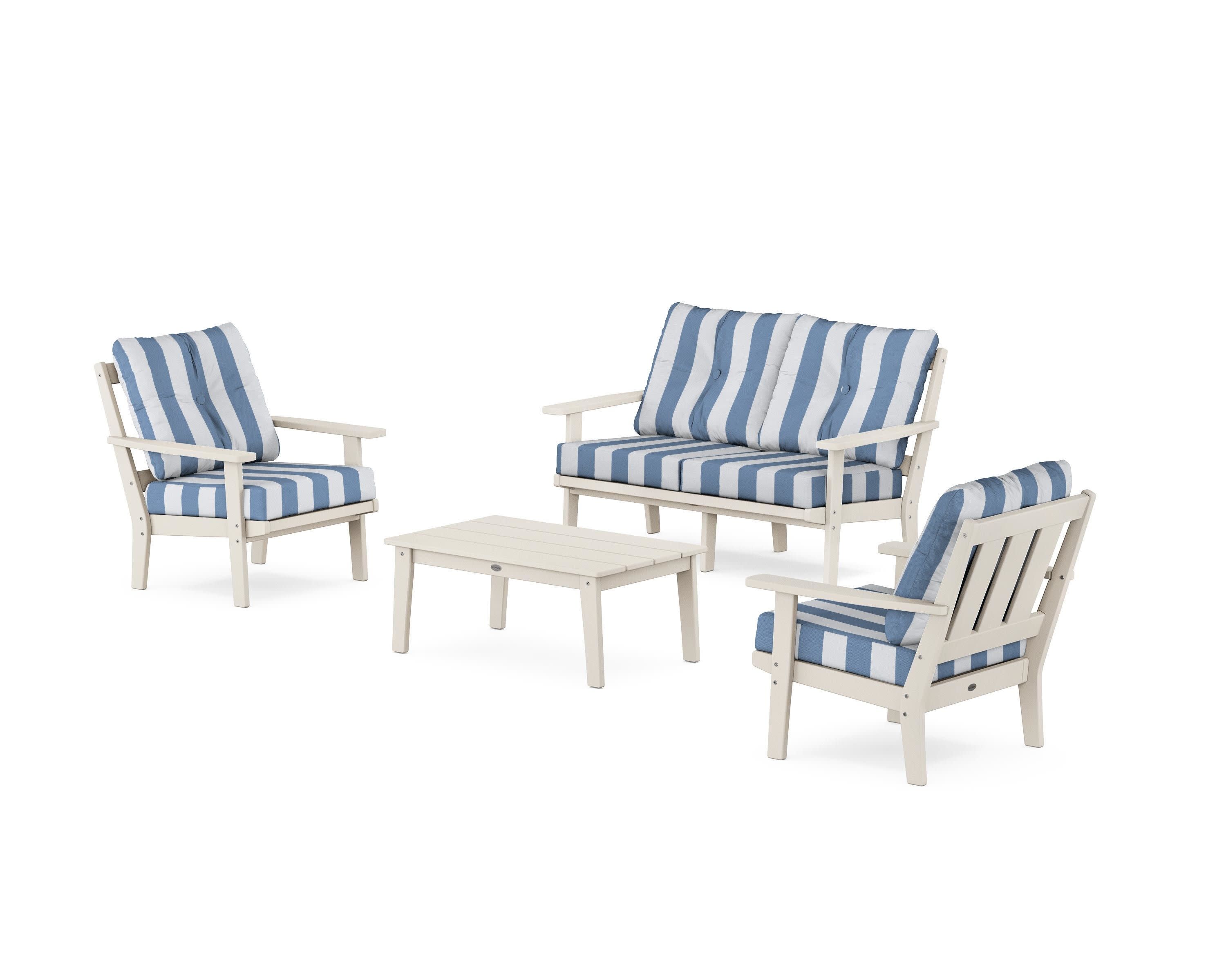 Oxford 4-Piece Deep Seating Set with Loveseat in Sand / Cabana Stripe Sky Blue