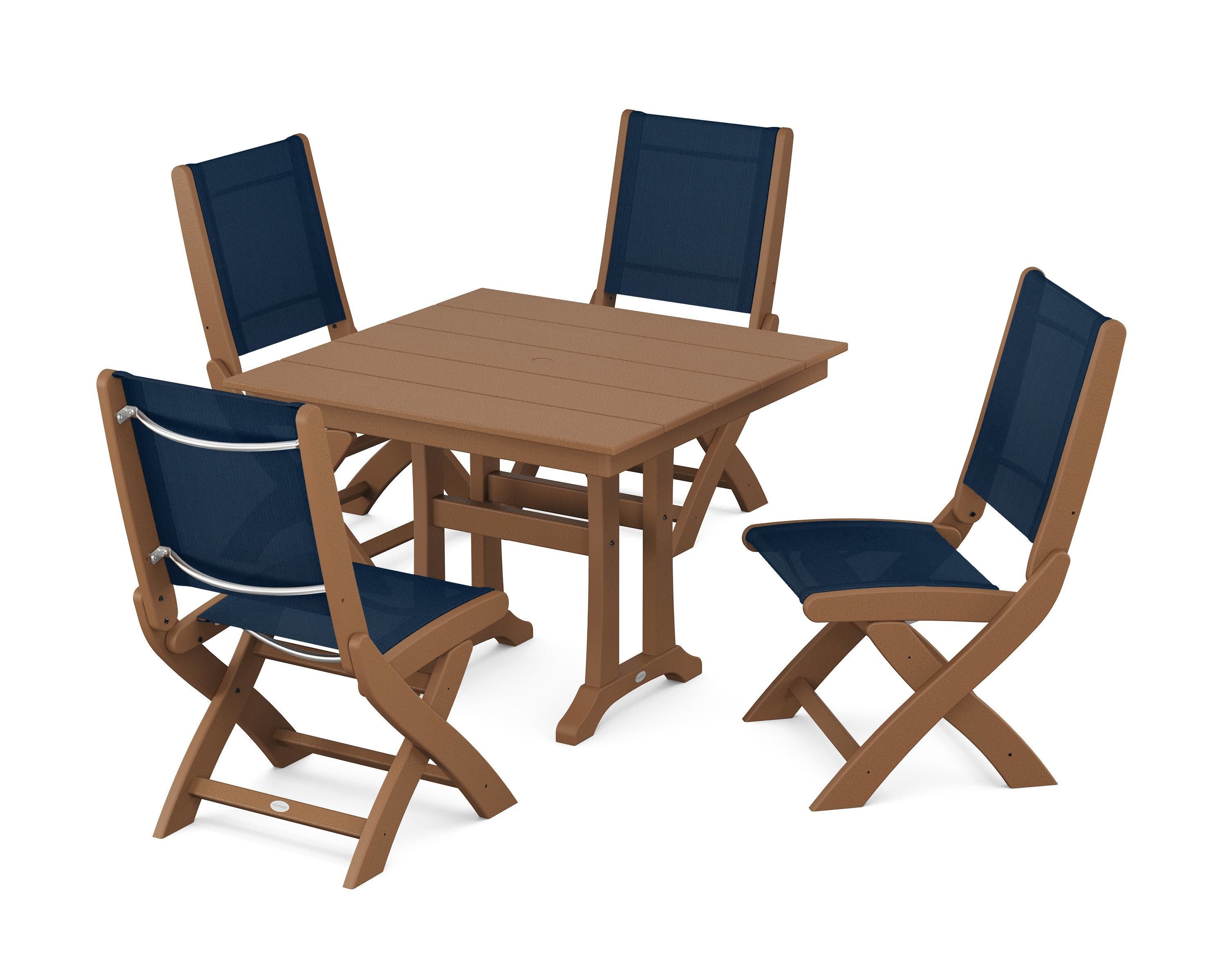 Coastal Folding Side Chair 5-Piece Farmhouse Dining Set With Trestle Legs in Teak / Navy Blue Sling
