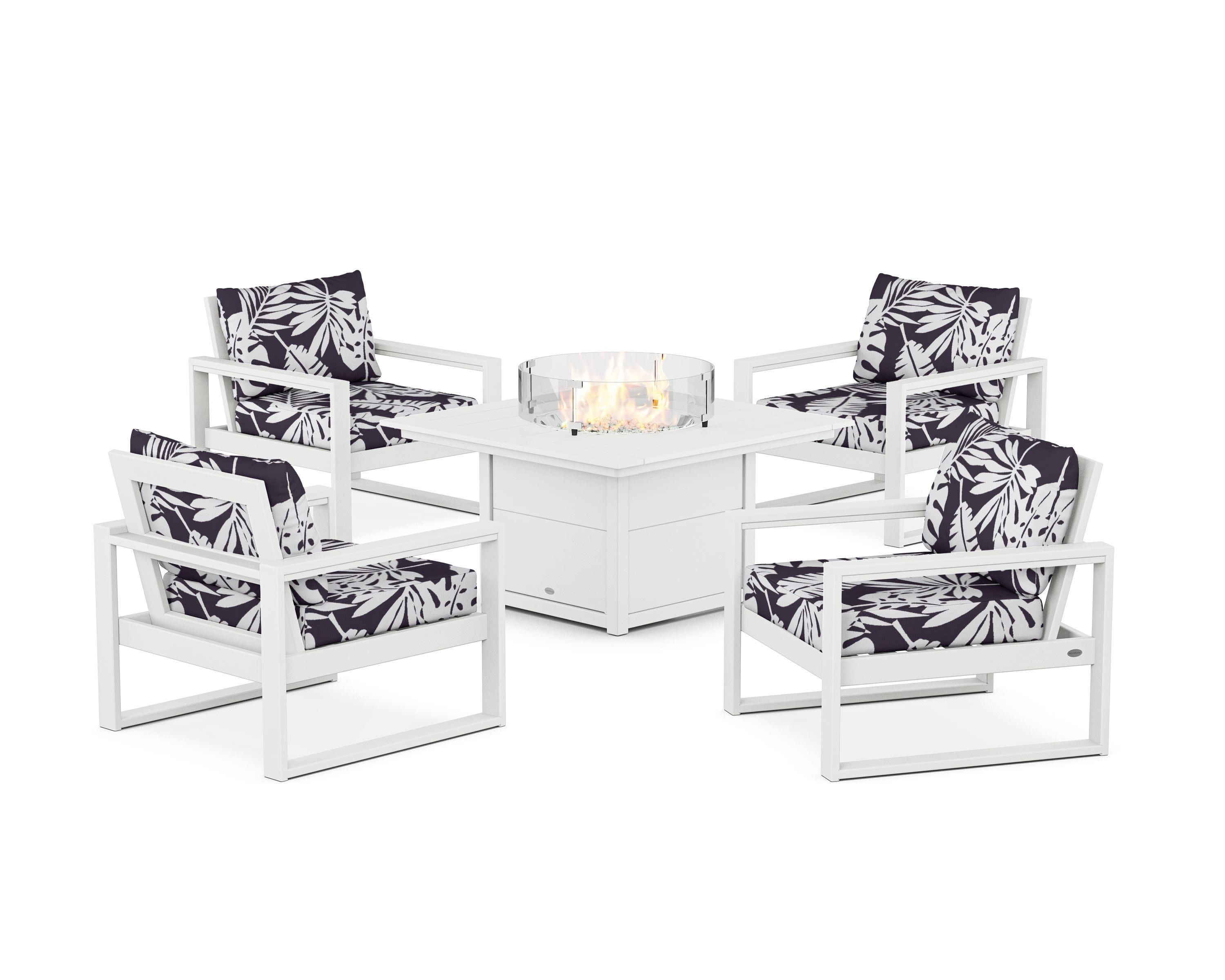 EDGE Sectional 5-Piece Deep Seating Set with Fire Pit Table in White / Leaf Navy