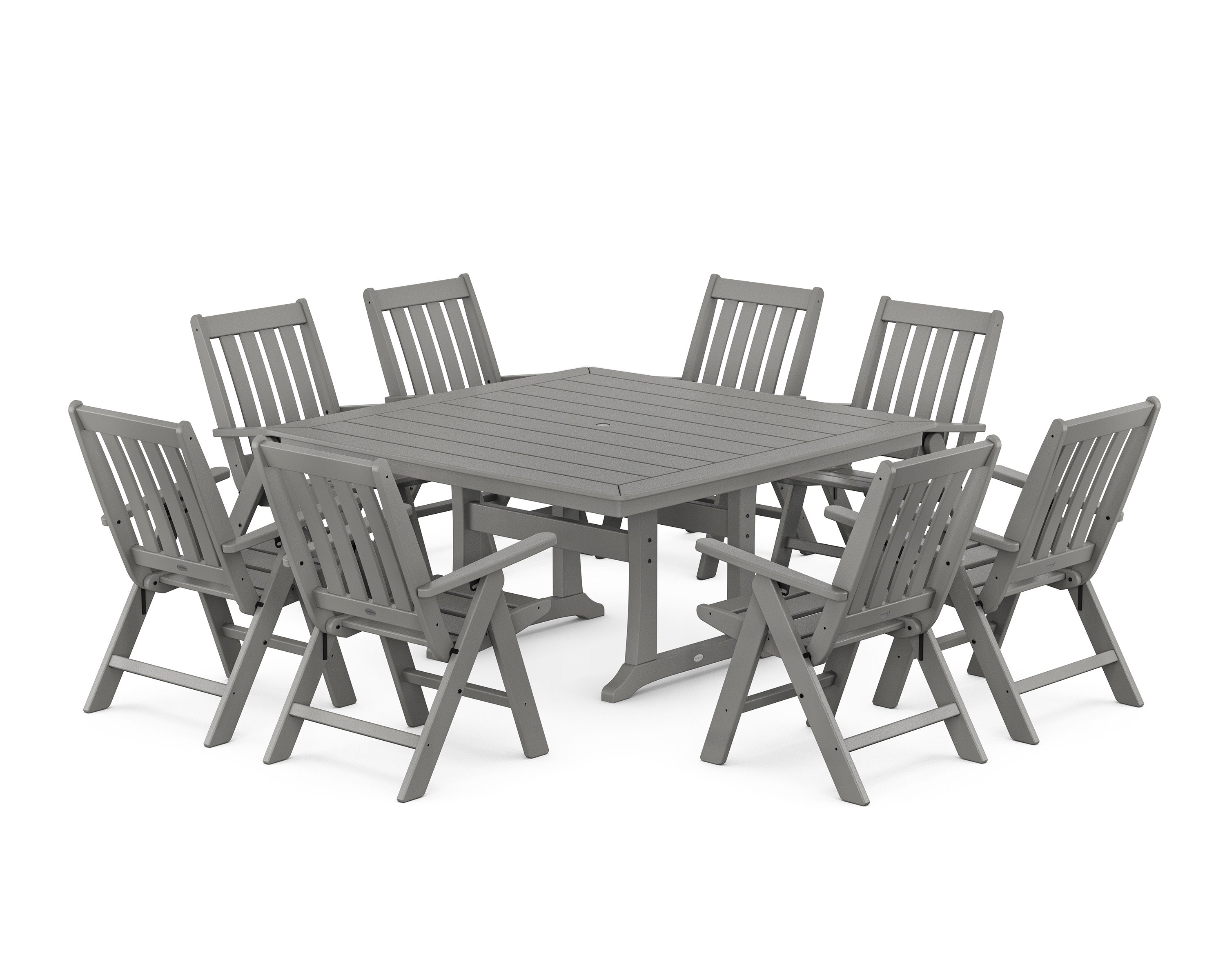 Vineyard Folding Chair 9-Piece Square Dining Set with Trestle Legs in Slate Grey