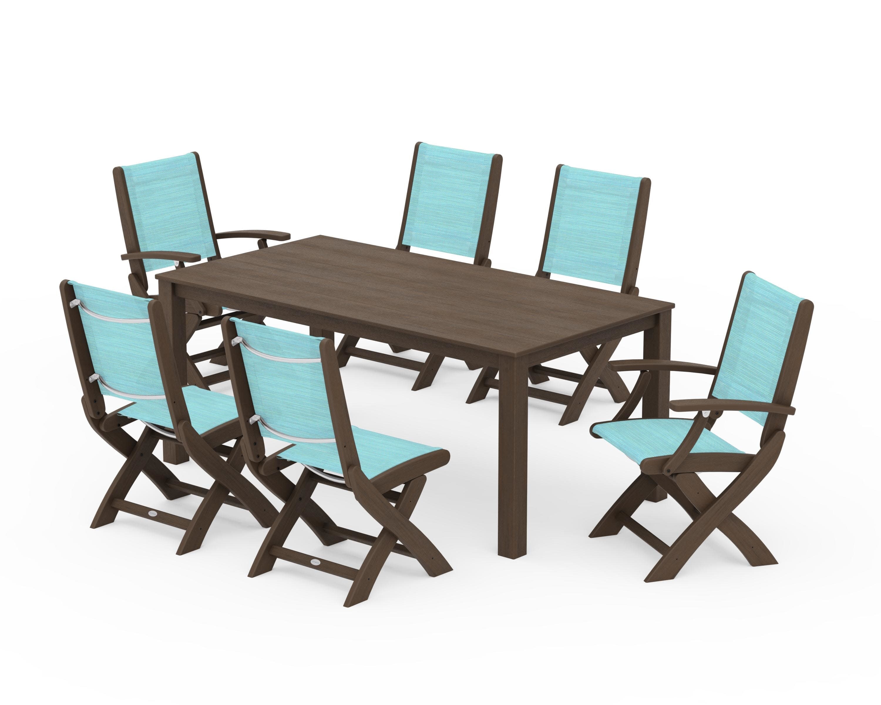 Coastal Folding Chair 7-Piece Parsons Dining Set in Kona / Dupioni Aquamarine Sling