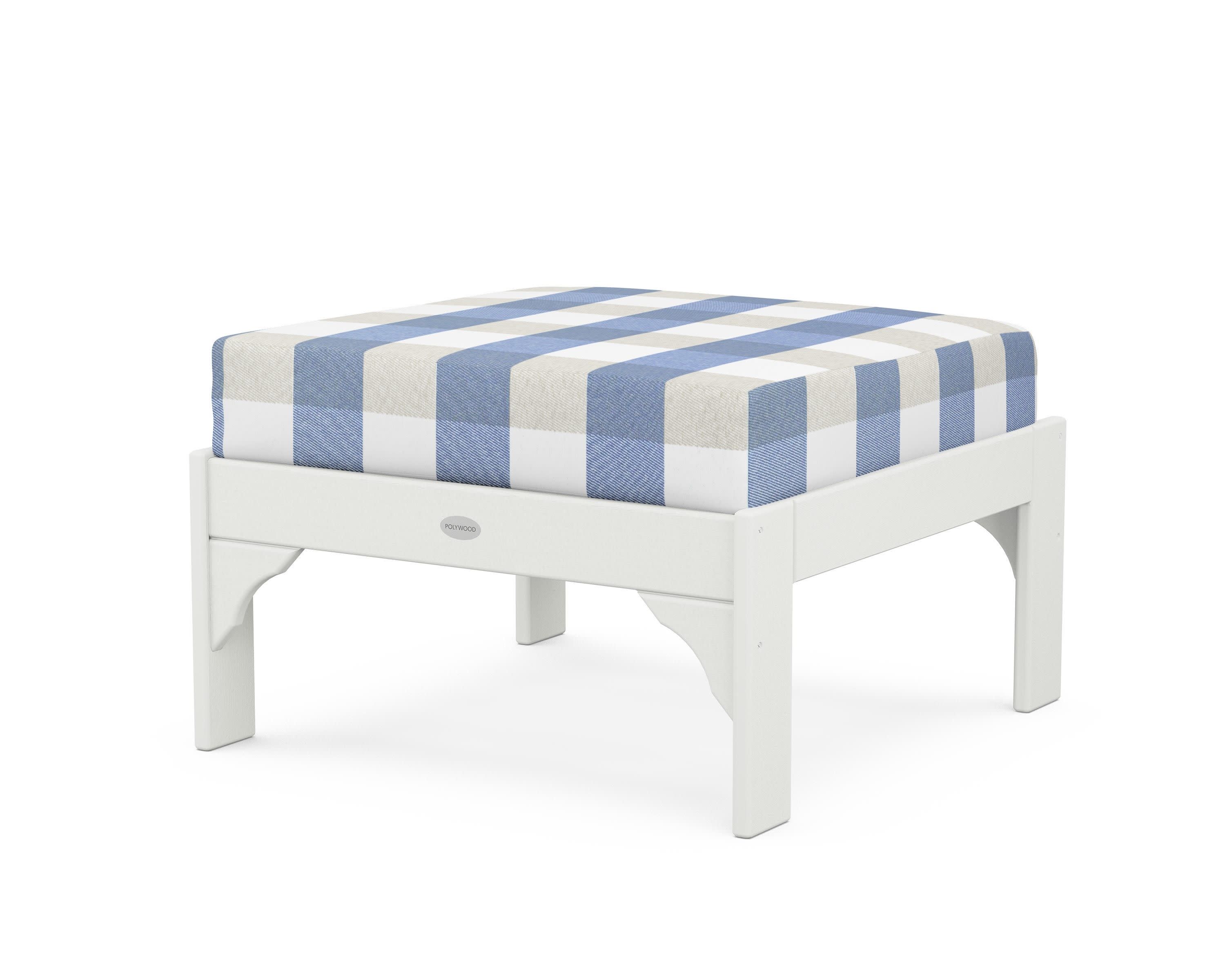 Vineyard Deep Seating Ottoman in Vintage White / Buffalo Plaid Sky Blue