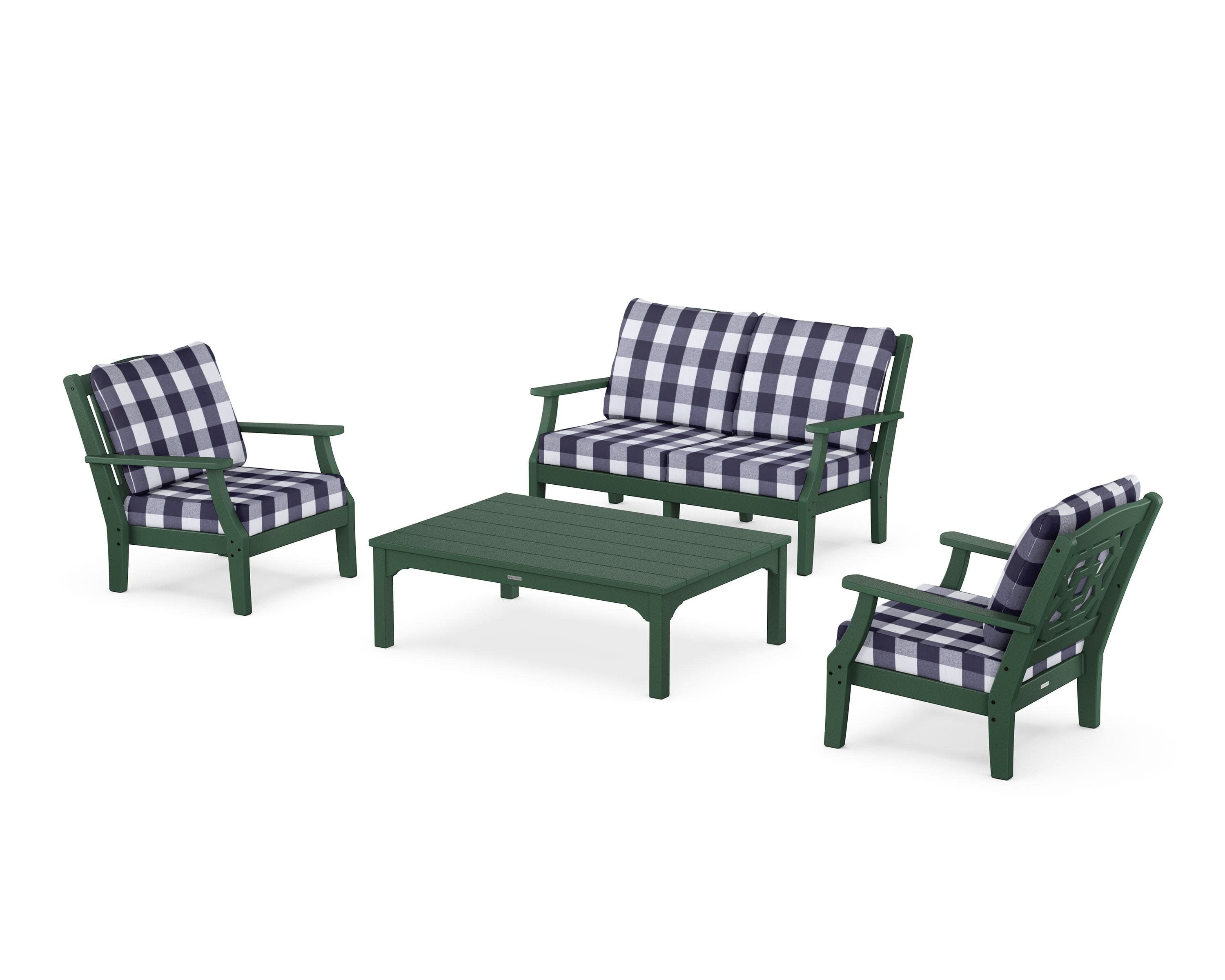 Chinoiserie 4-Piece Deep Seating Set with Loveseat in Green / Buffalo Plaid Navy
