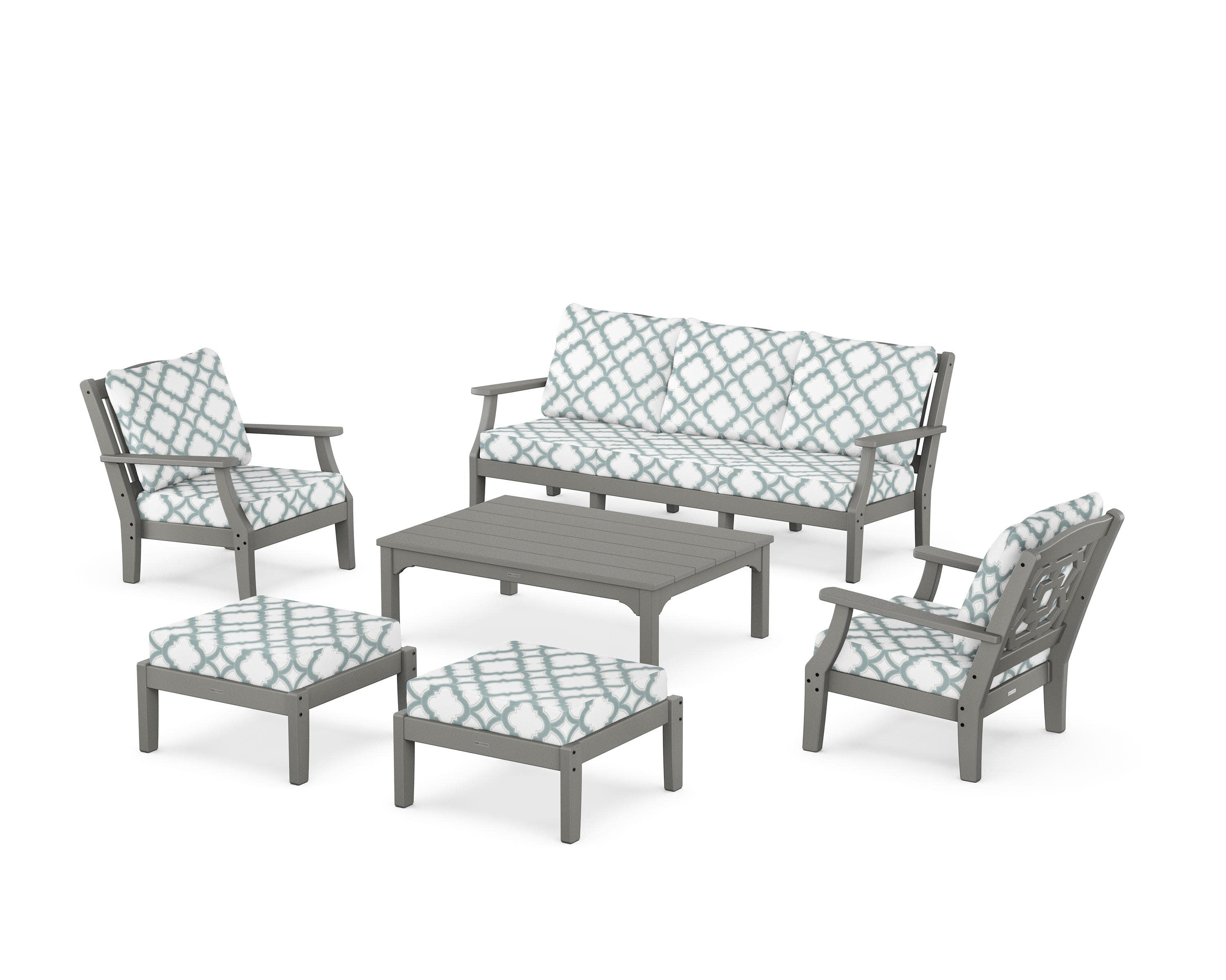 Chinoiserie 6-Piece Lounge Sofa Set in Slate Grey / Trellis Glacier Spa