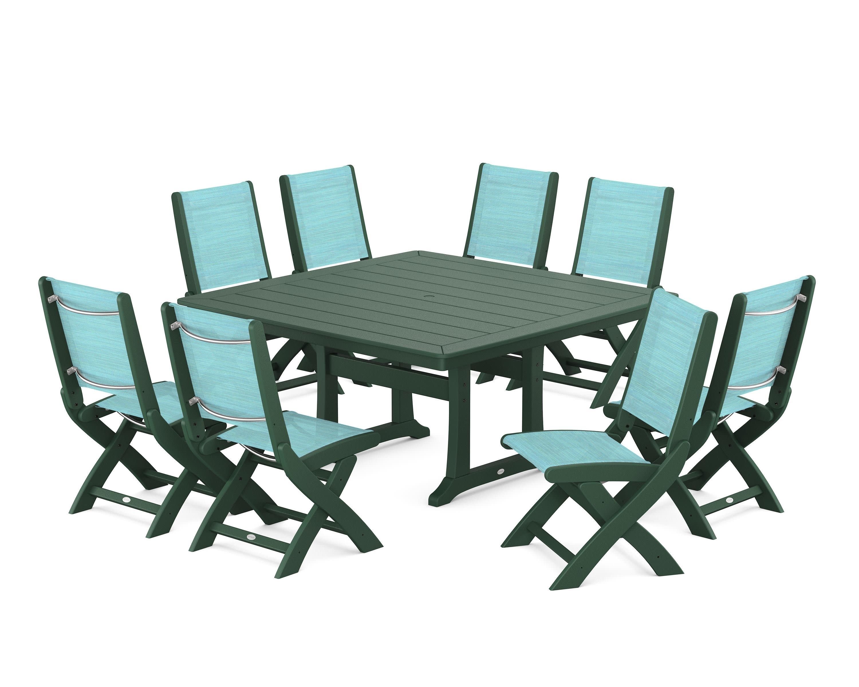 Coastal Folding Side Chair 9-Piece Dining Set with Trestle Legs in Green / Dupioni Aquamarine Sling