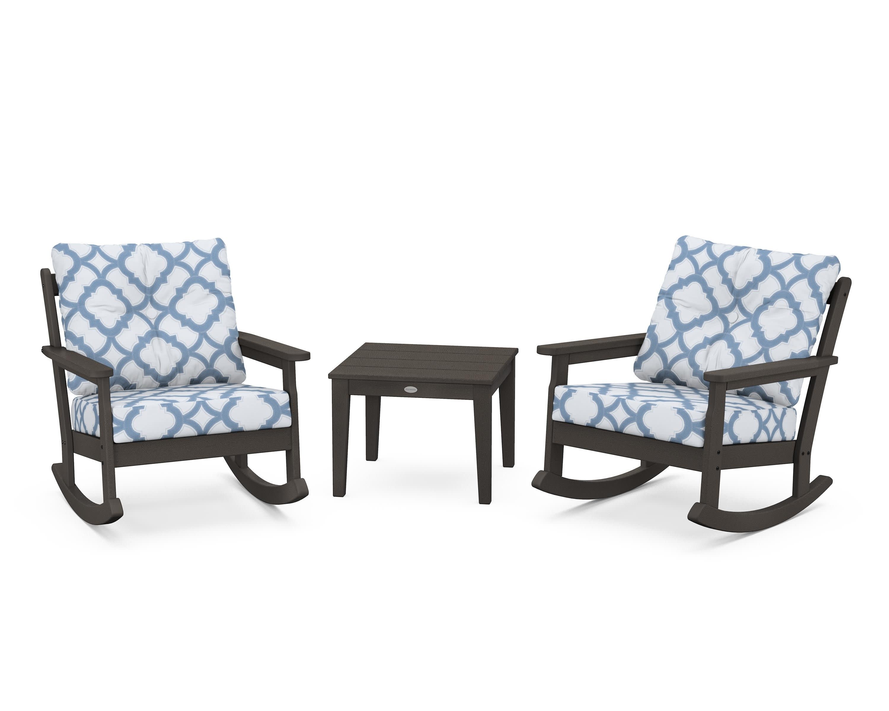 Vineyard 3-Piece Deep Seating Rocker Set in Vintage Coffee / Trellis Sky Blue