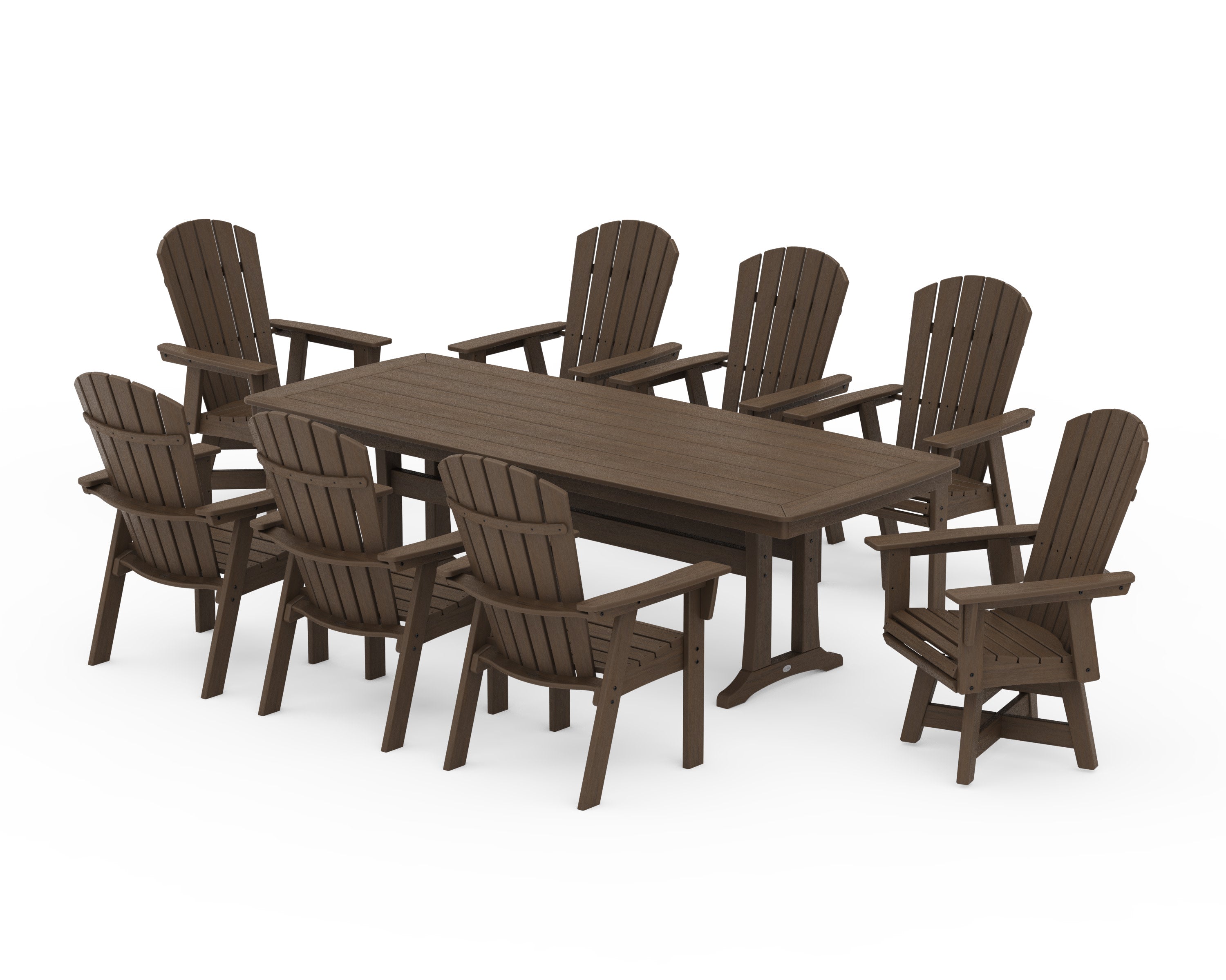 Nautical Curveback Adirondack Swivel 9-Piece Dining Set with Trestle Legs in Kona