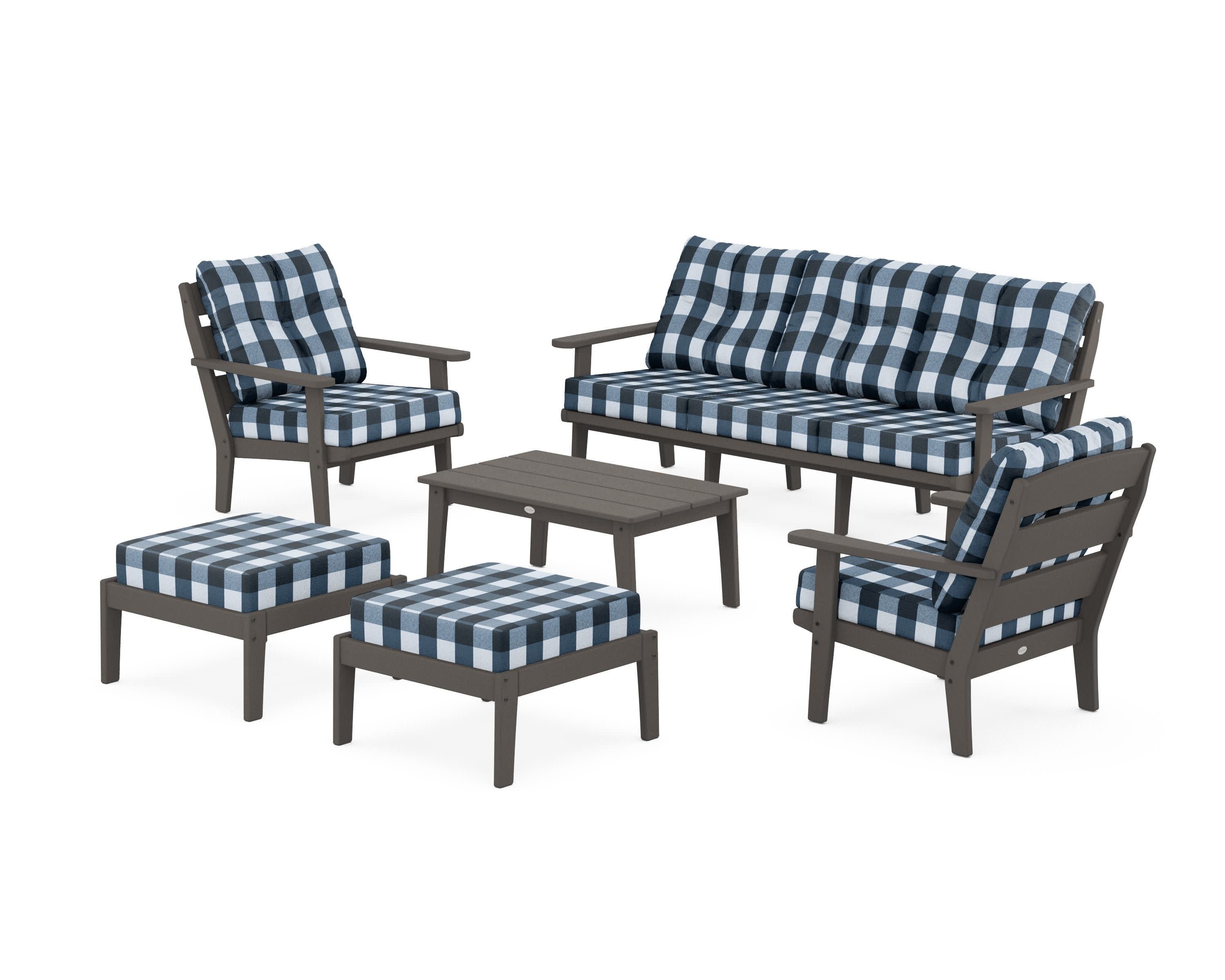 Lakeside 6-Piece Lounge Sofa Set in Vintage Coffee / Buffalo Plaid Marine Indigo