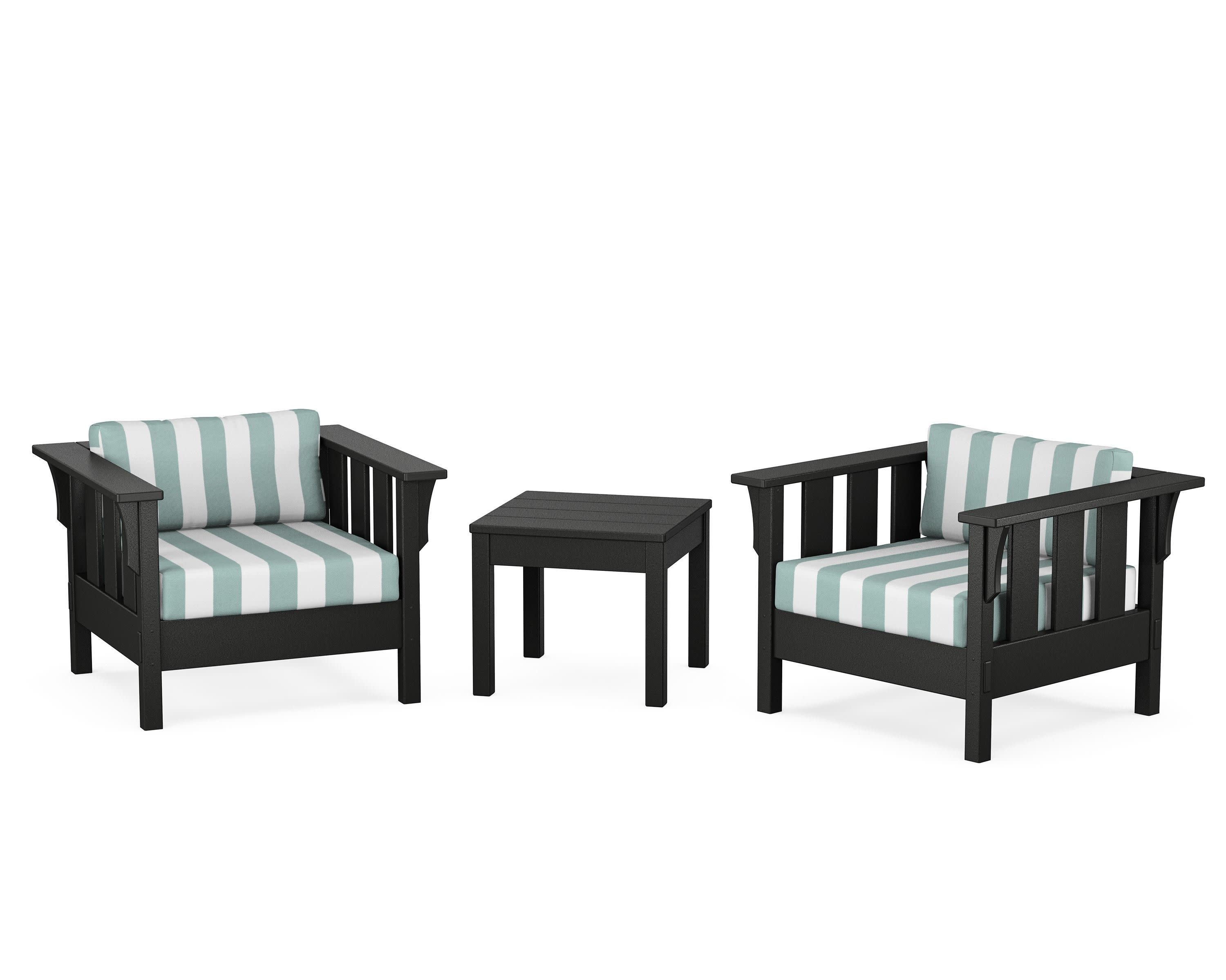 Acadia 3-Piece Deep Seating Set in Black / Cabana Stripe Glacier Spa