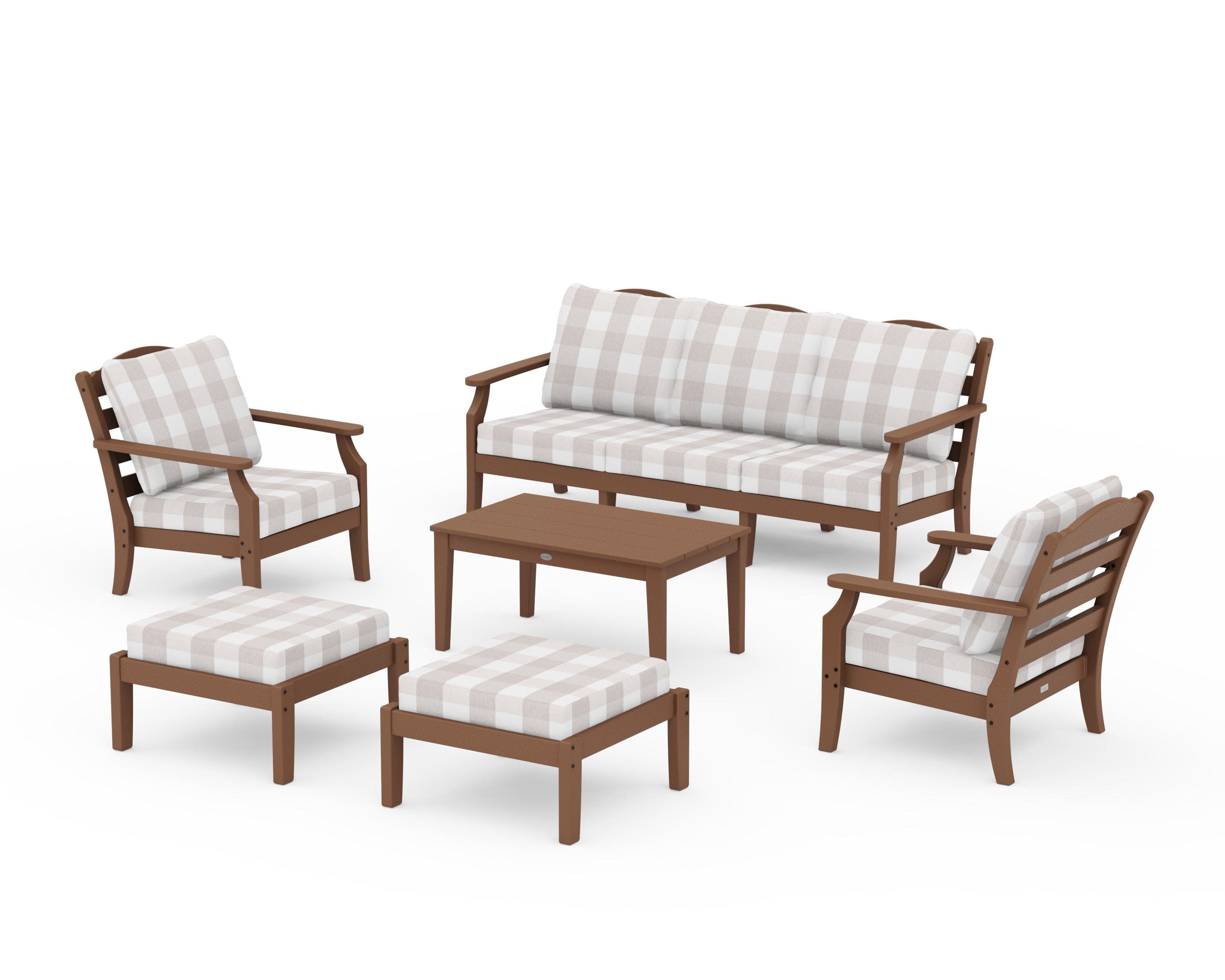Savannah 6-Piece Lounge Sofa Set in Teak / Buffalo Plaid Dune Burlap