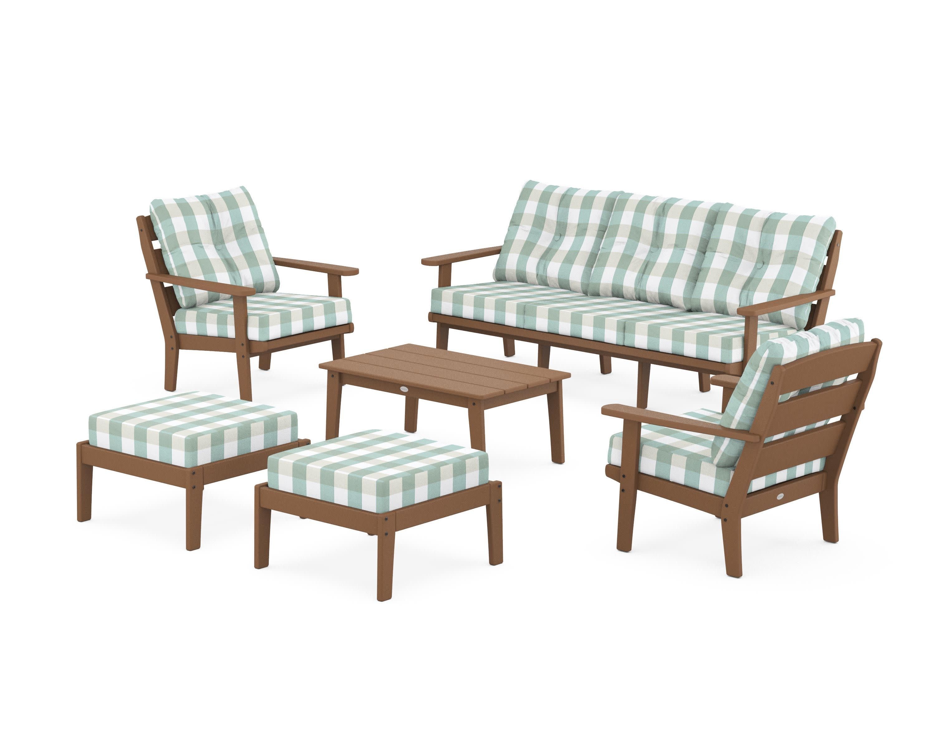 Lakeside 6-Piece Lounge Sofa Set in Teak / Buffalo Plaid Glacier Spa