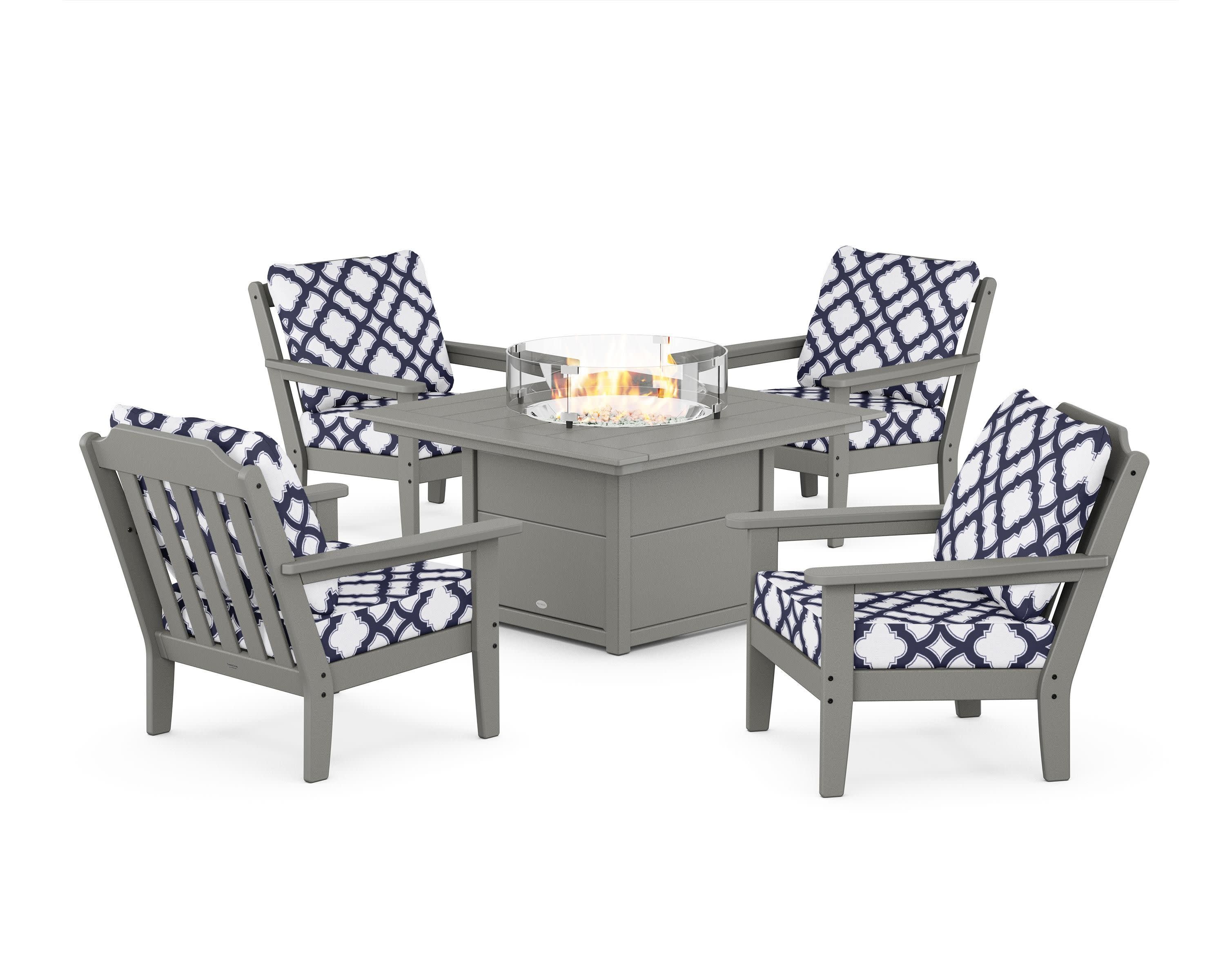 Cottage 5-Piece Deep Seating Set with Fire Pit Table in Slate Grey / Trellis Navy
