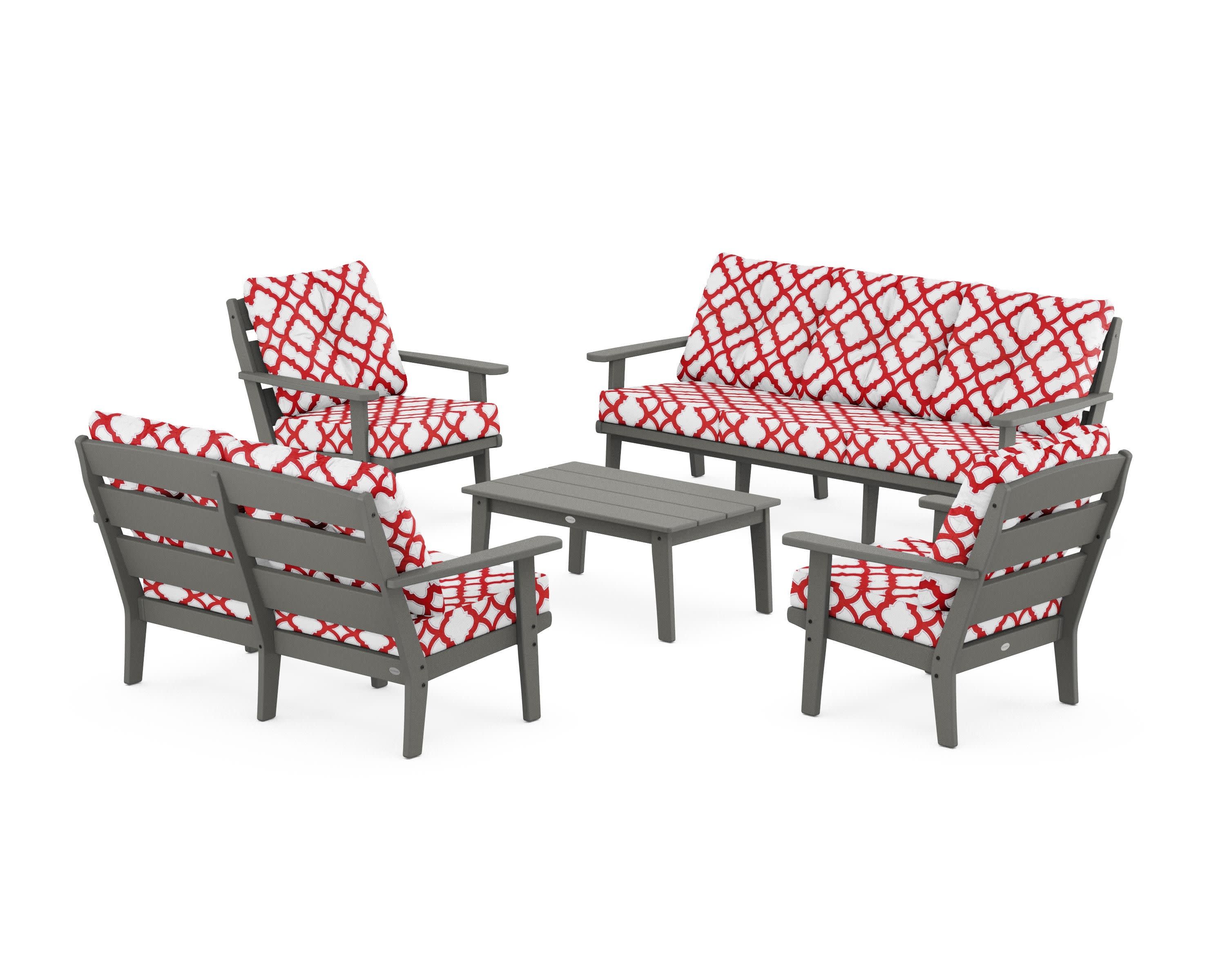 Lakeside 5-Piece Lounge Sofa Set in Slate Grey / Trellis Crimson