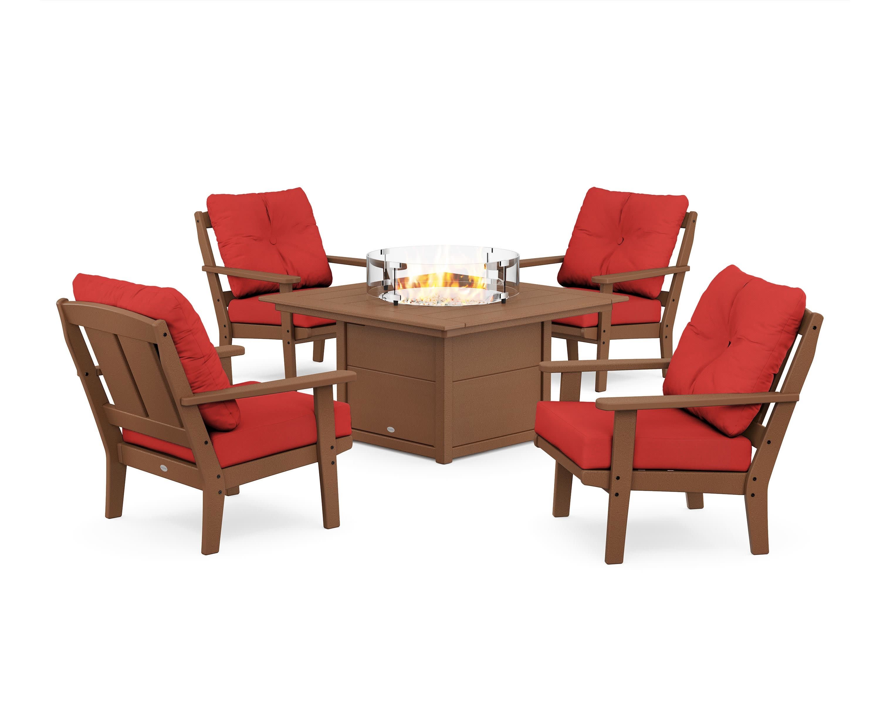 Mission 5-Piece Deep Seating Set with Fire Pit Table in Teak / Crimson Linen
