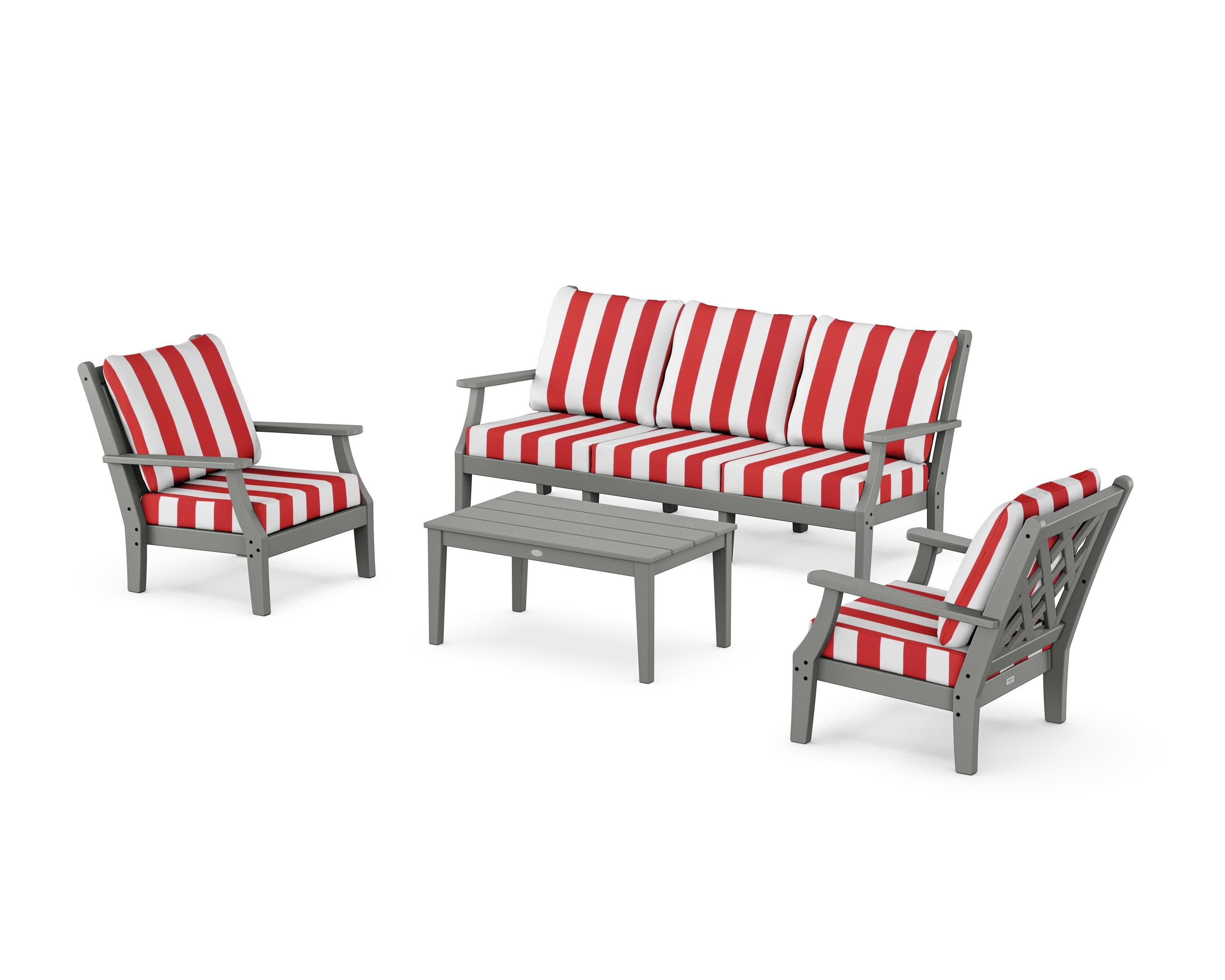 Wovendale 4-Piece Deep Seating Set with Sofa in Slate Grey / Cabana Stripe Crimson