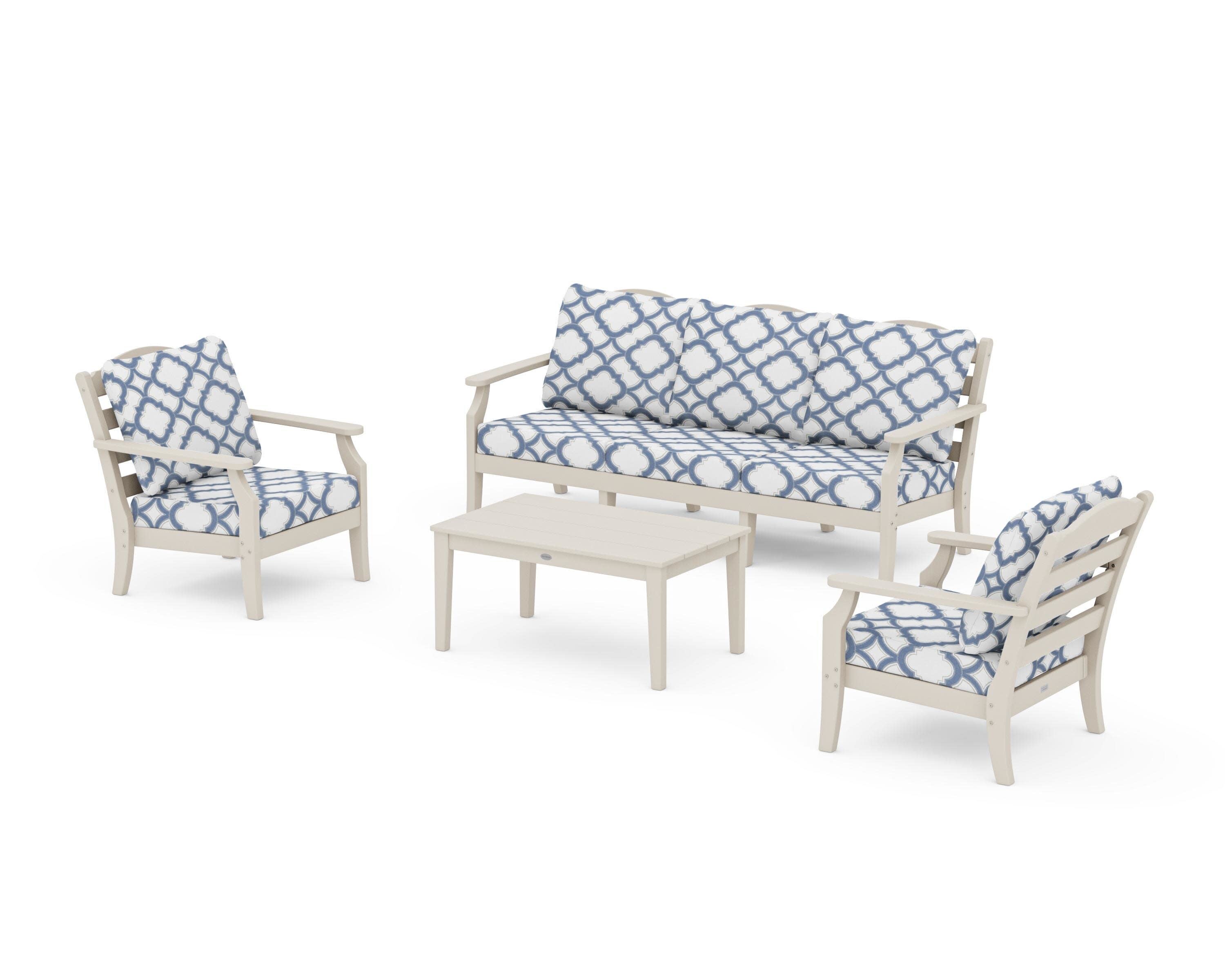 Savannah 4-Piece Deep Seating Set with Sofa in Sand / Trellis Sky Blue