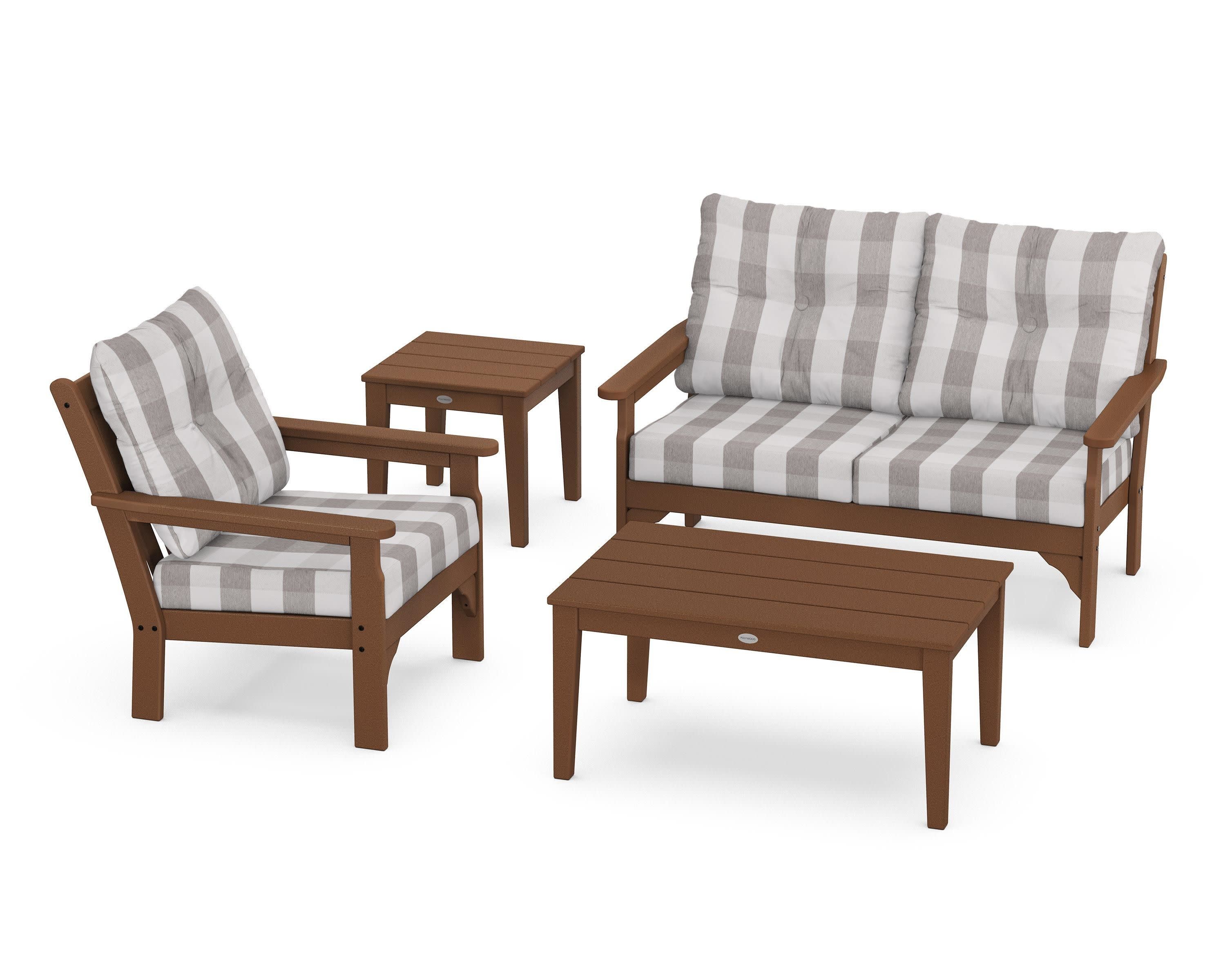 Vineyard 4-Piece Deep Seating Set in Teak / Buffalo Plaid Grey Mist