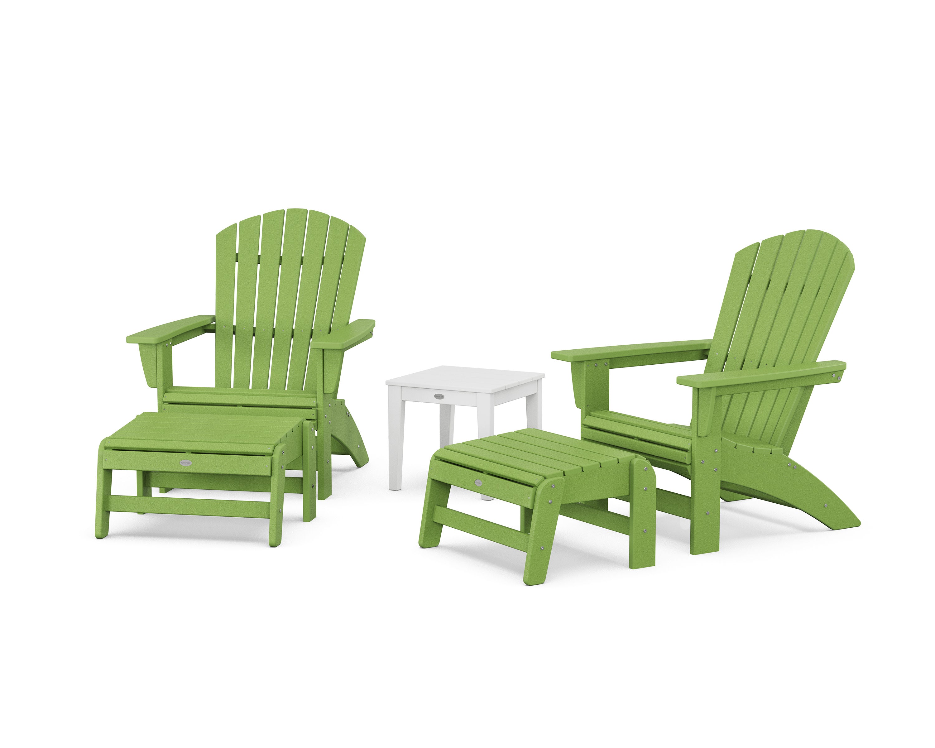 5-Piece Nautical Grand Adirondack Set with Ottomans and Side Table in Lime / White