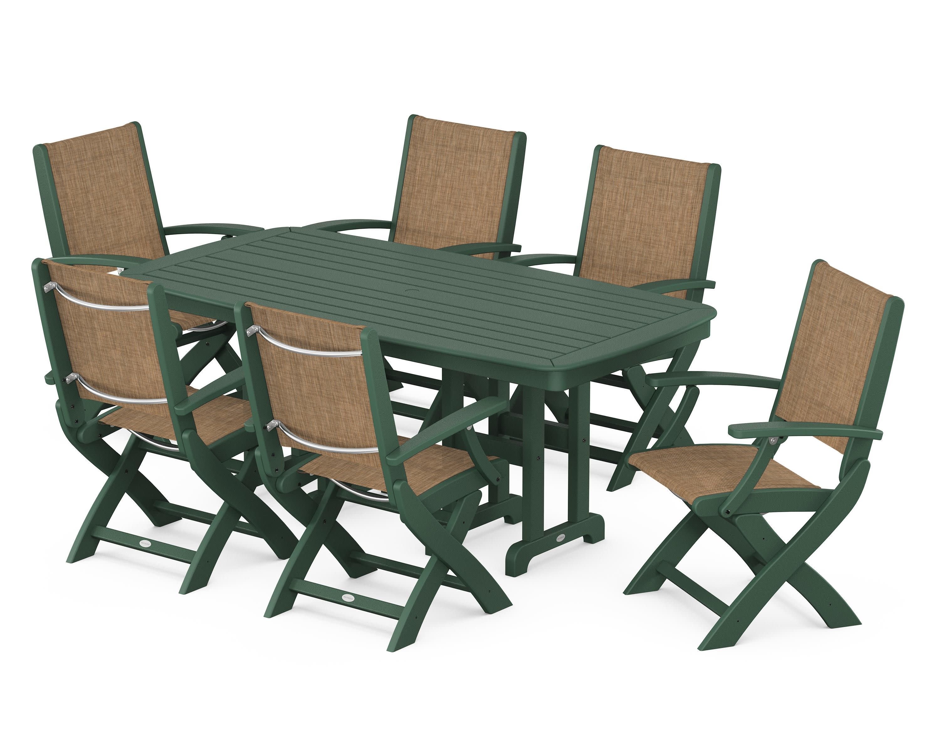 Coastal Folding Arm Chair 7-Piece Dining Set in Green / Burlap Sling