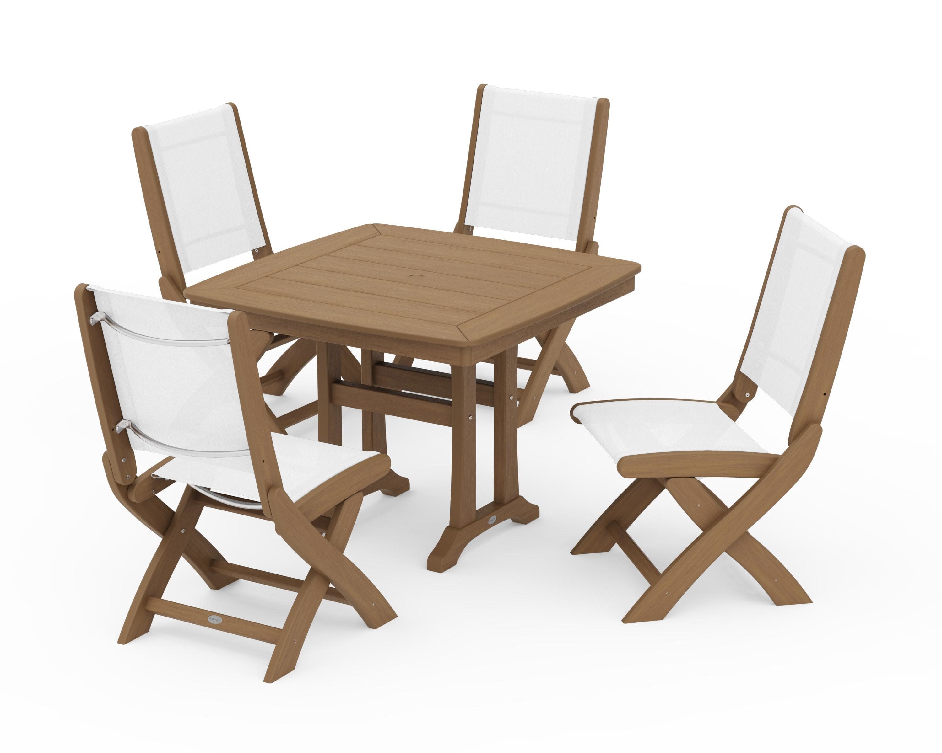 Coastal Folding Side Chair 5-Piece Dining Set with Trestle Legs in Natural / White Sling