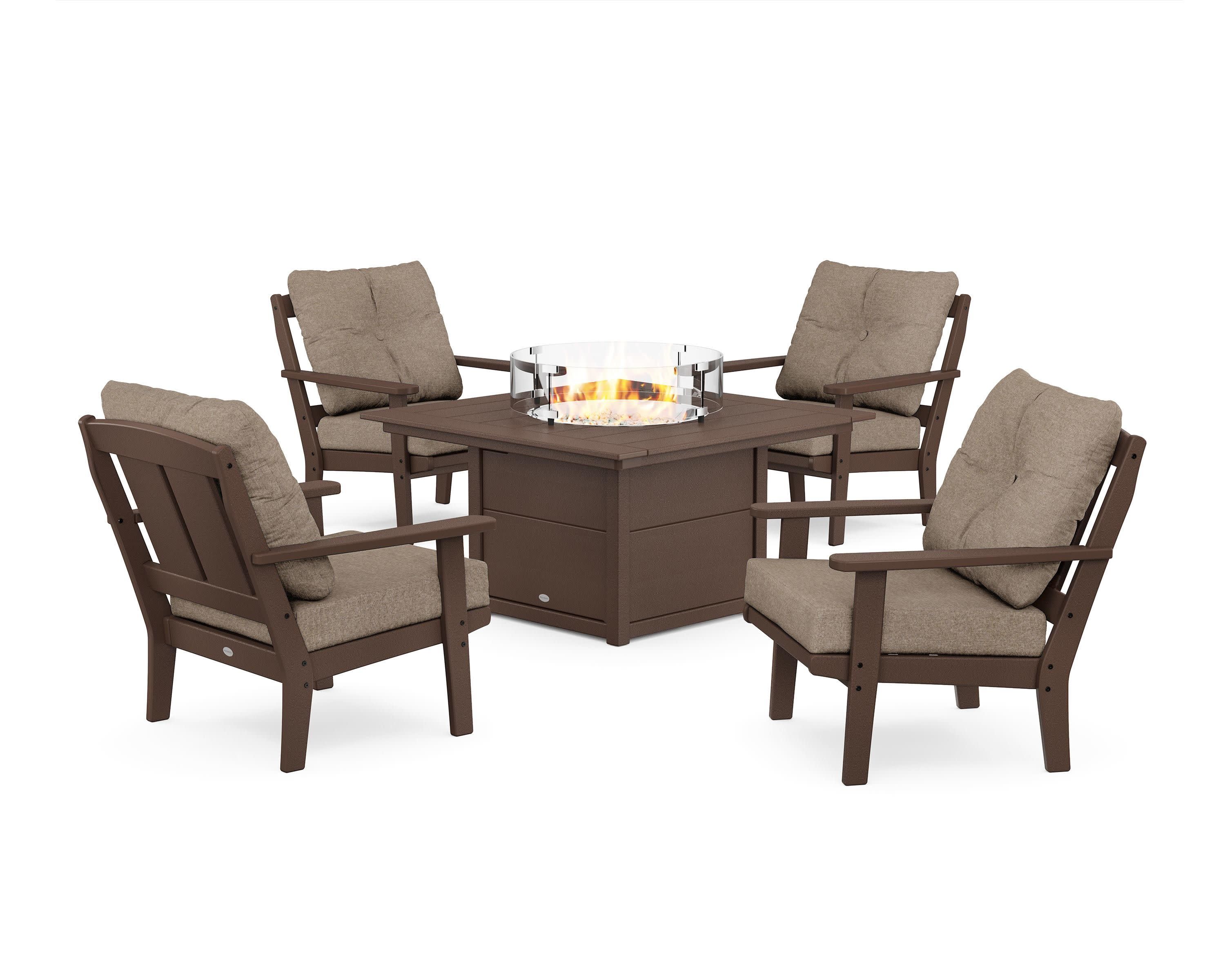 Mission 5-Piece Deep Seating Set with Fire Pit Table in Mahogany / Spiced Burlap