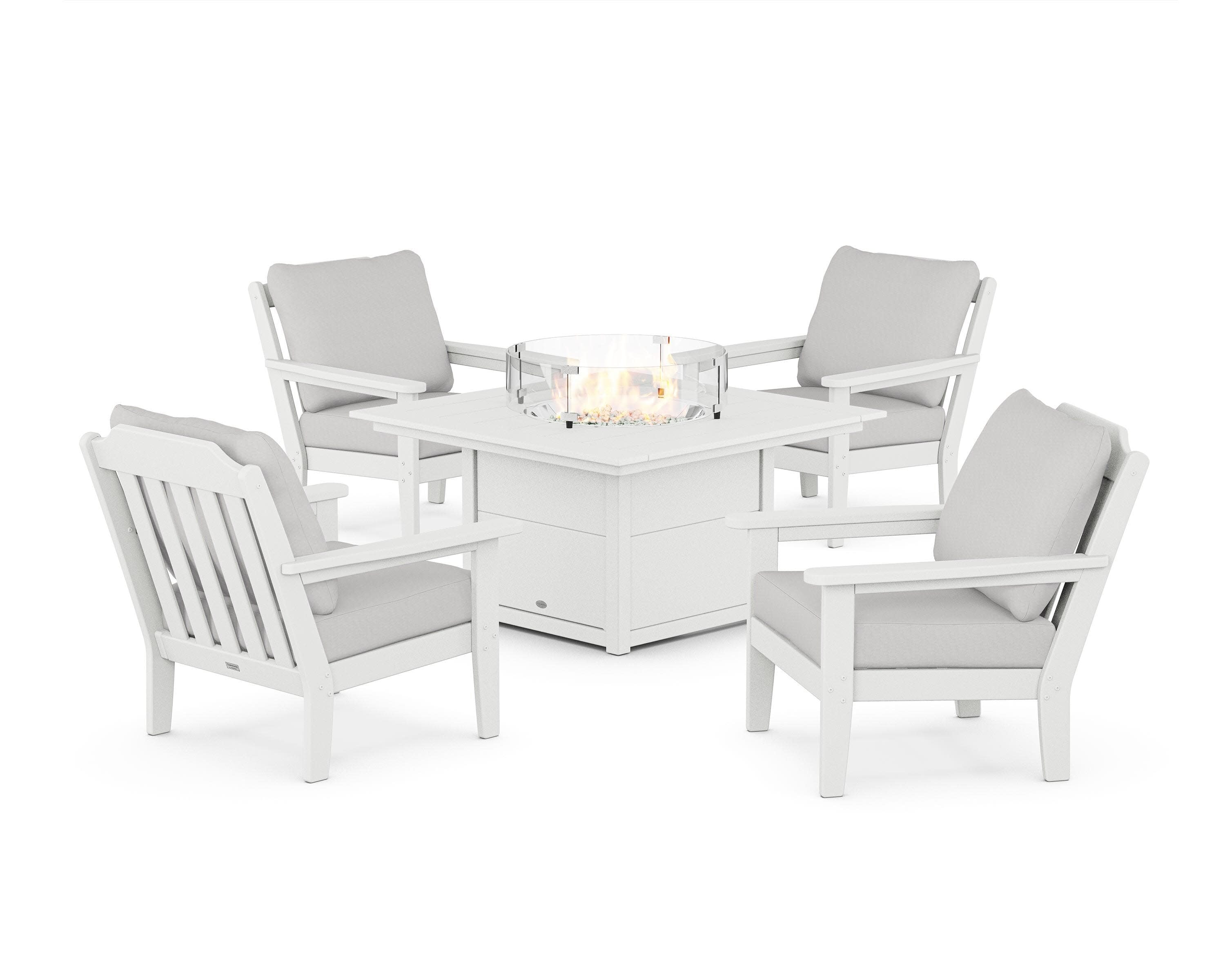 Cottage 5-Piece Deep Seating Set with Fire Pit Table in White / Diamond in the Rough