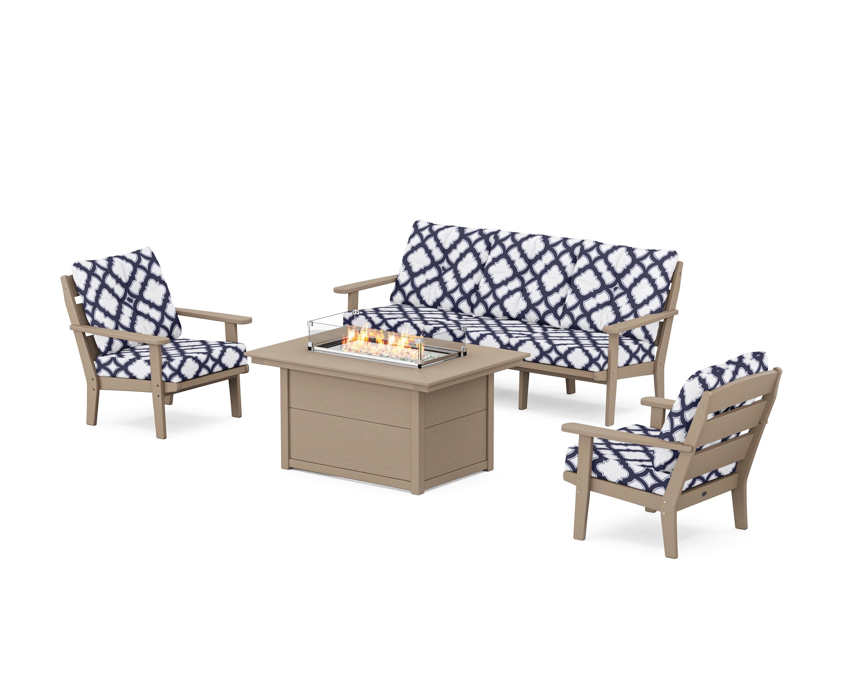 Lakeside Deep Seating Fire Pit Table Set in Vintage Sahara / Trellis Navy