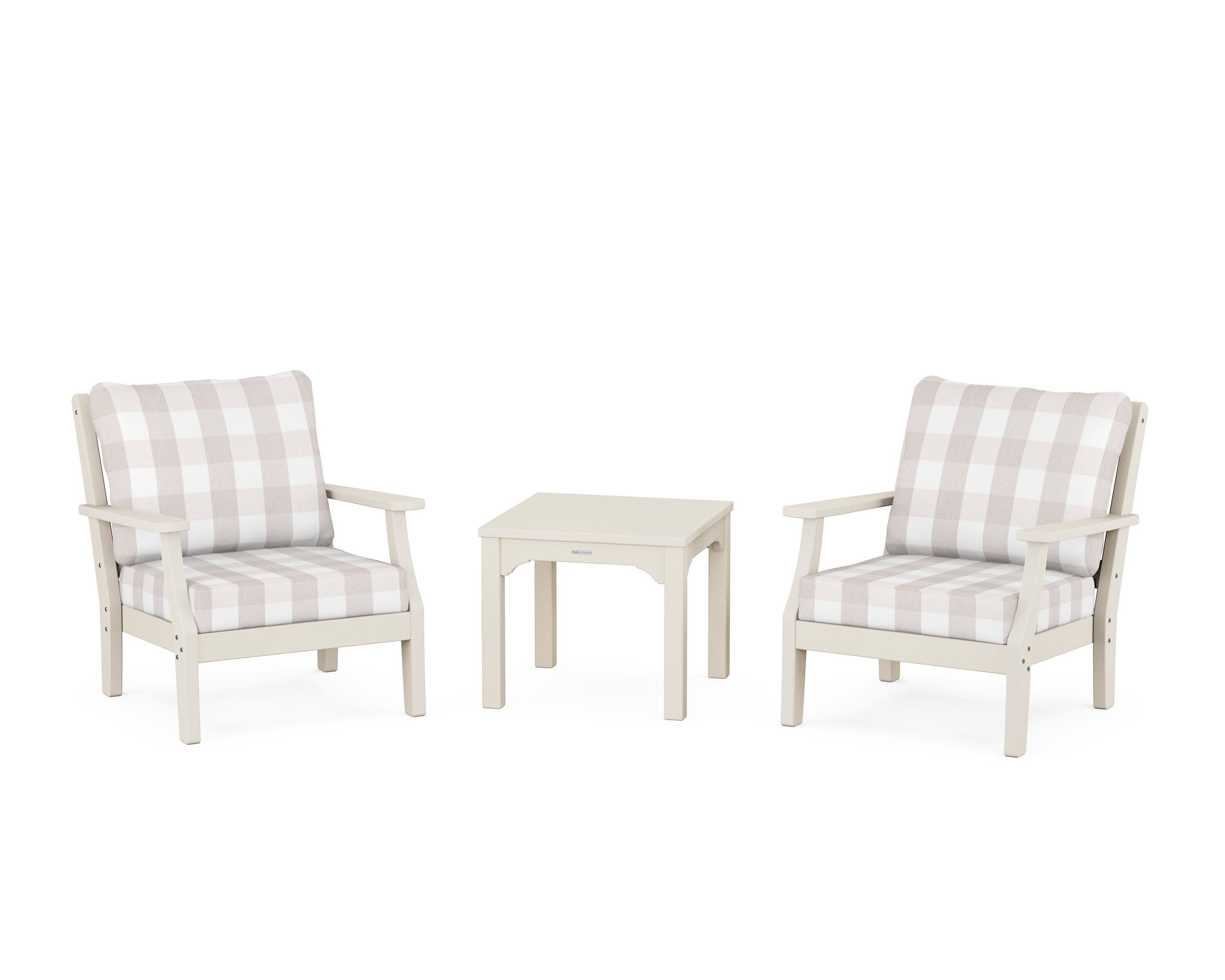 Chinoiserie 3-Piece Deep Seating Set in Sand / Buffalo Plaid Dune Burlap