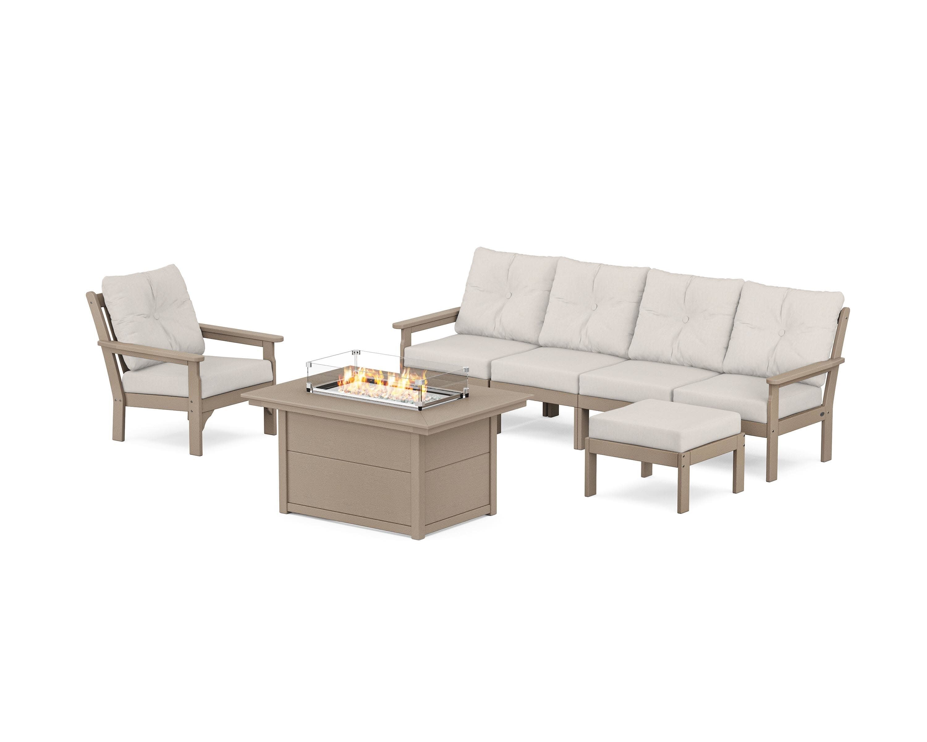 Vineyard Sectional Lounge and Fire Pit Set in Vintage Sahara / Cast Ash